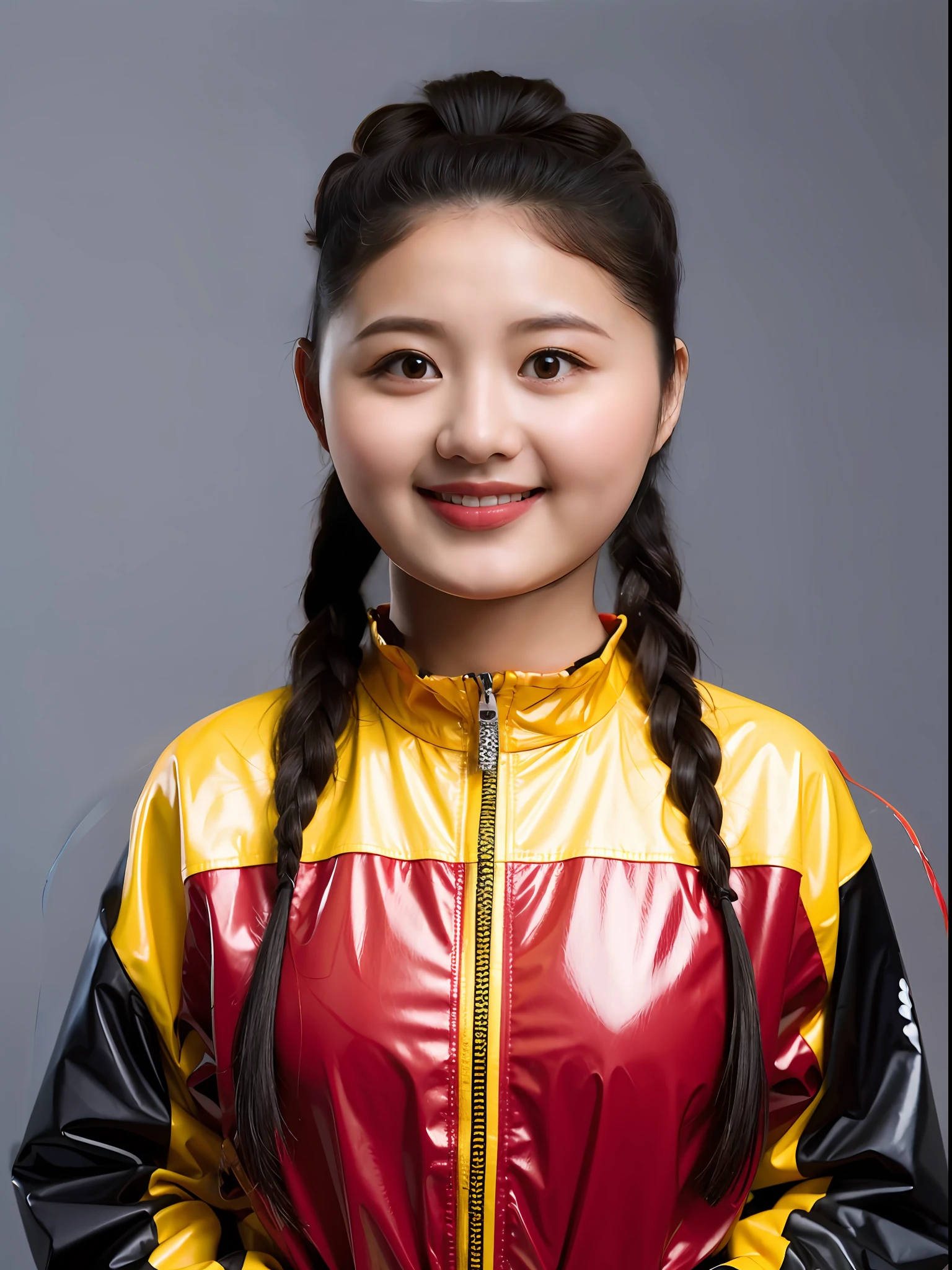 A Chinese female student，Wearing PVC yellow tracksuit，There are zippers，，Twist braids