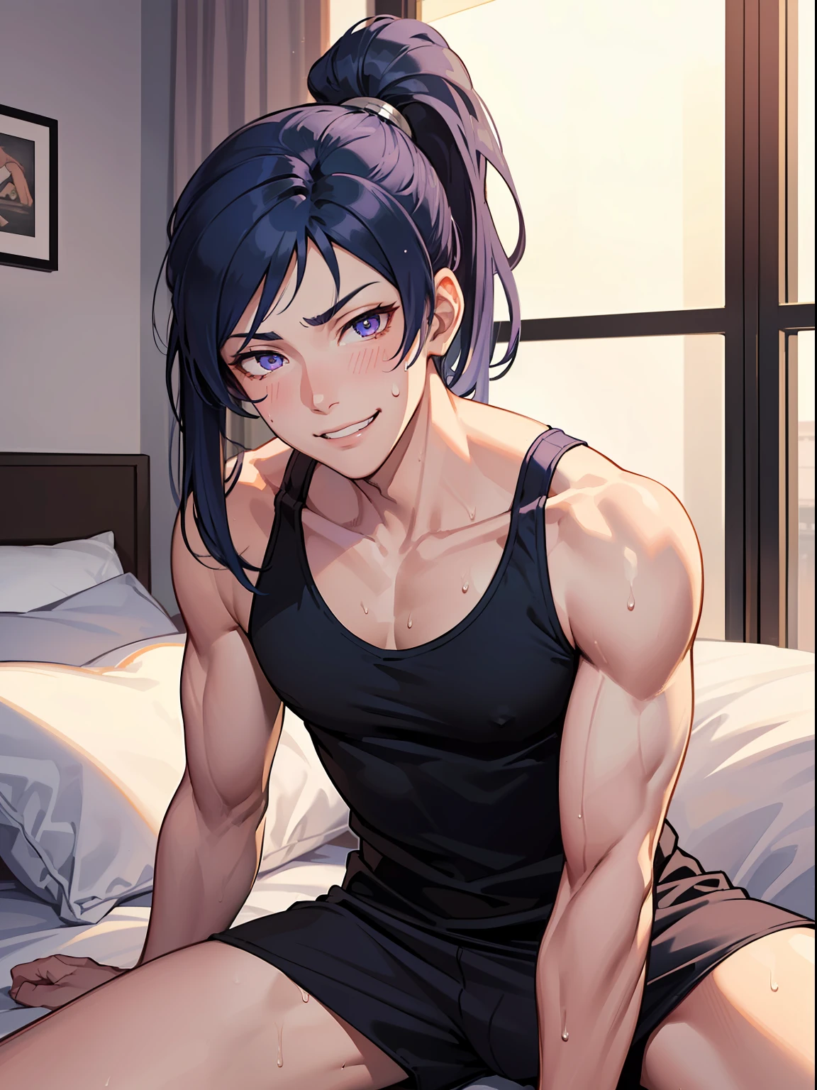 ((highest quality, masterpiece, 4k, finely detailed, detailed eyes, detailed face, intricate details, pixiv, gelbooru)) solo, (((1boy, male, masculine, handsome, slight muscles, Kanan_Matsuura_(Love_Live_Sunshine))), (((high ponytail, dark blue hair, light purple eye color, gentle eyes))), (((male briefs, tight tanktop))), on bed, sweating, covered in sweat, handsome, looking at viewer, cocky expression, extremely smug smile, smirking