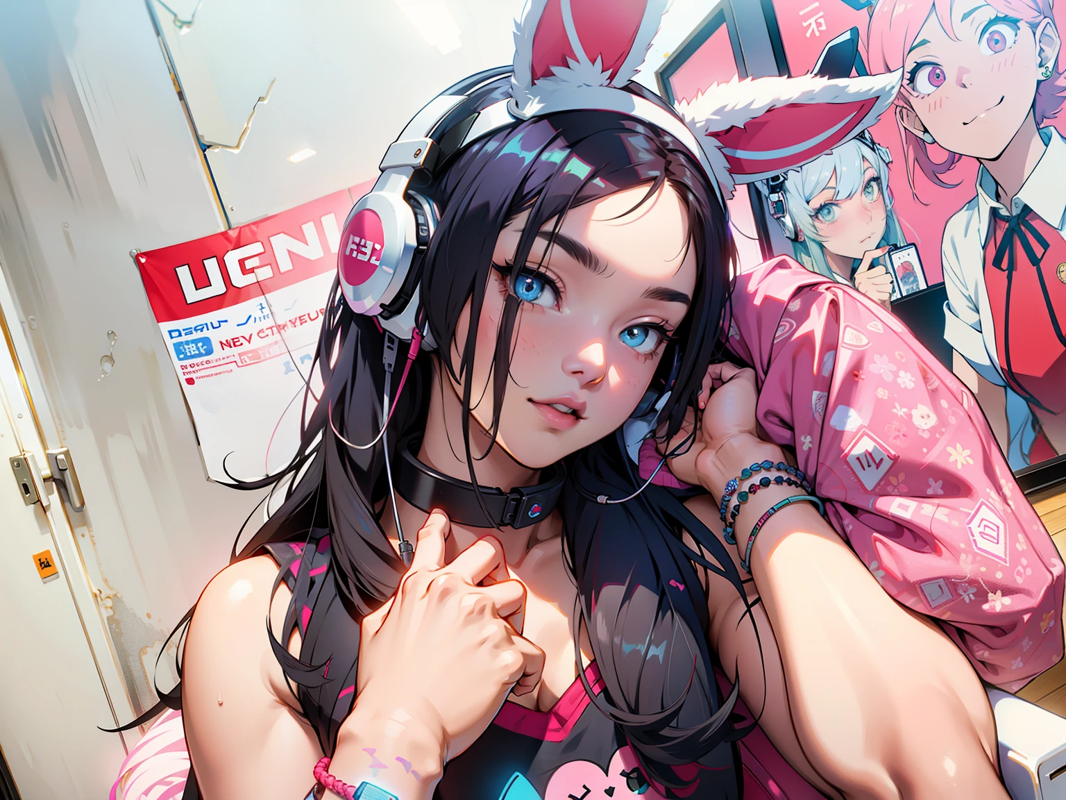 gamer girl, white headphones, bunny ears, anime vibes, super cute eyes, fluffy chair, lights and anime poster on the background, intricate details, best render, e- girl