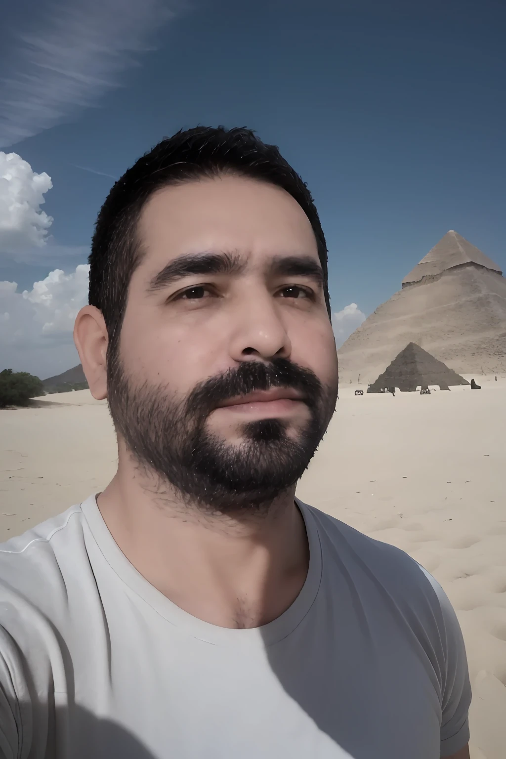 38-year old man, obra maestra, La mejor calidad, Altas Resoluciones, realista, with the pyramids of Mexico as a background, en un cielo azul