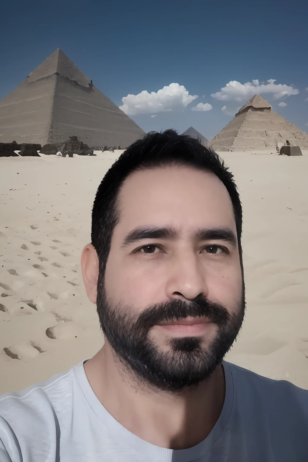 38-year old man, obra maestra, La mejor calidad, Altas Resoluciones, realista, with the pyramids as a background in a blue sky