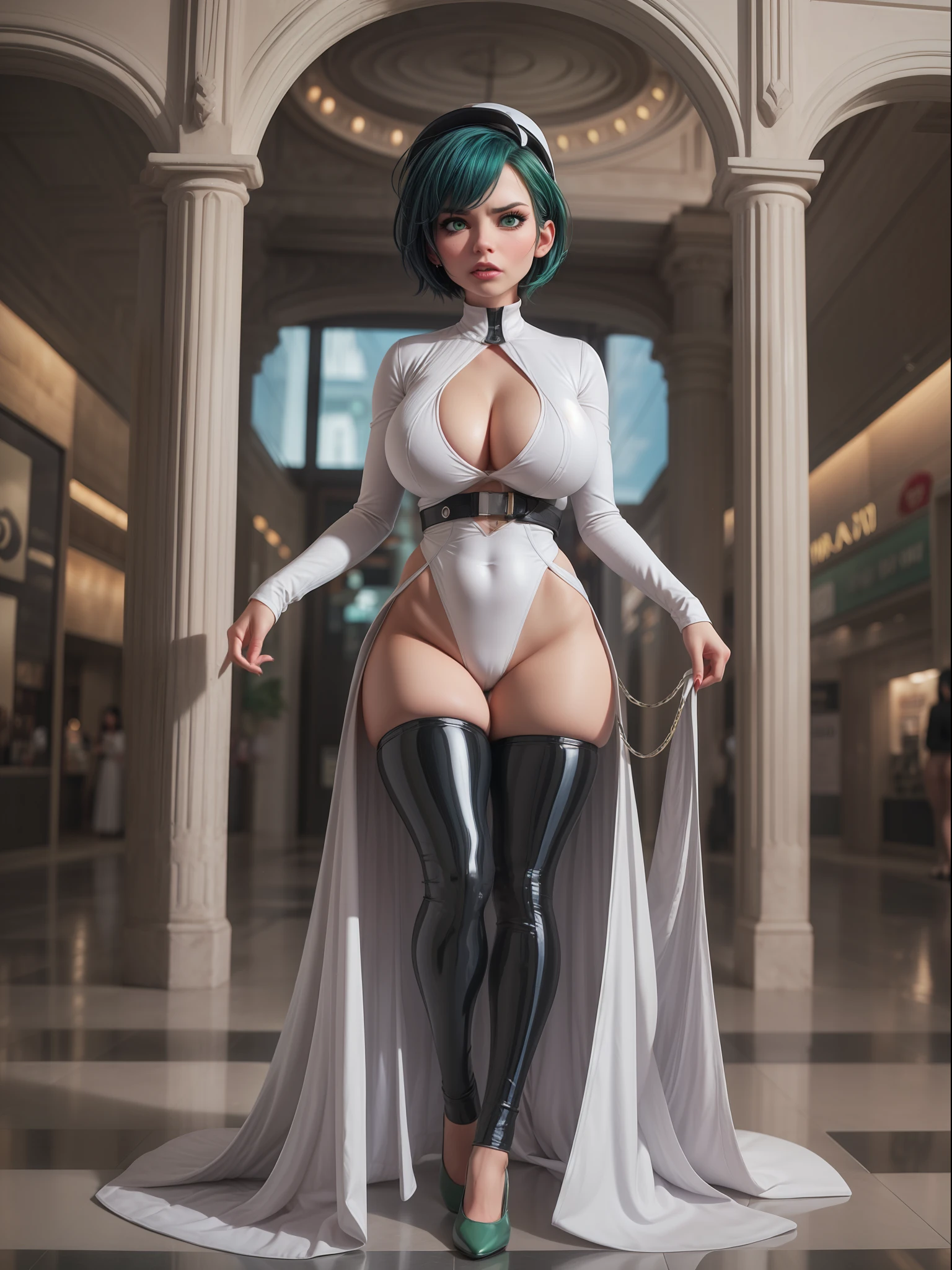 {((1 woman))}, ((wearing white costume, lock with black parts, fully girdled, stuck to the body, extremely tight and tight)), ((short straight blue hair, shimmering green eyes)), ((has extremely large and firm breasts)), only she is ((looking at the viewer, looking and expression of deep hatred, striking erotic pose leaning against something)), ((in a mall,  with several people doing in the circulation area)), (((full body))), 16k, UHD, Better quality, better resolution, better detail,Detailedface