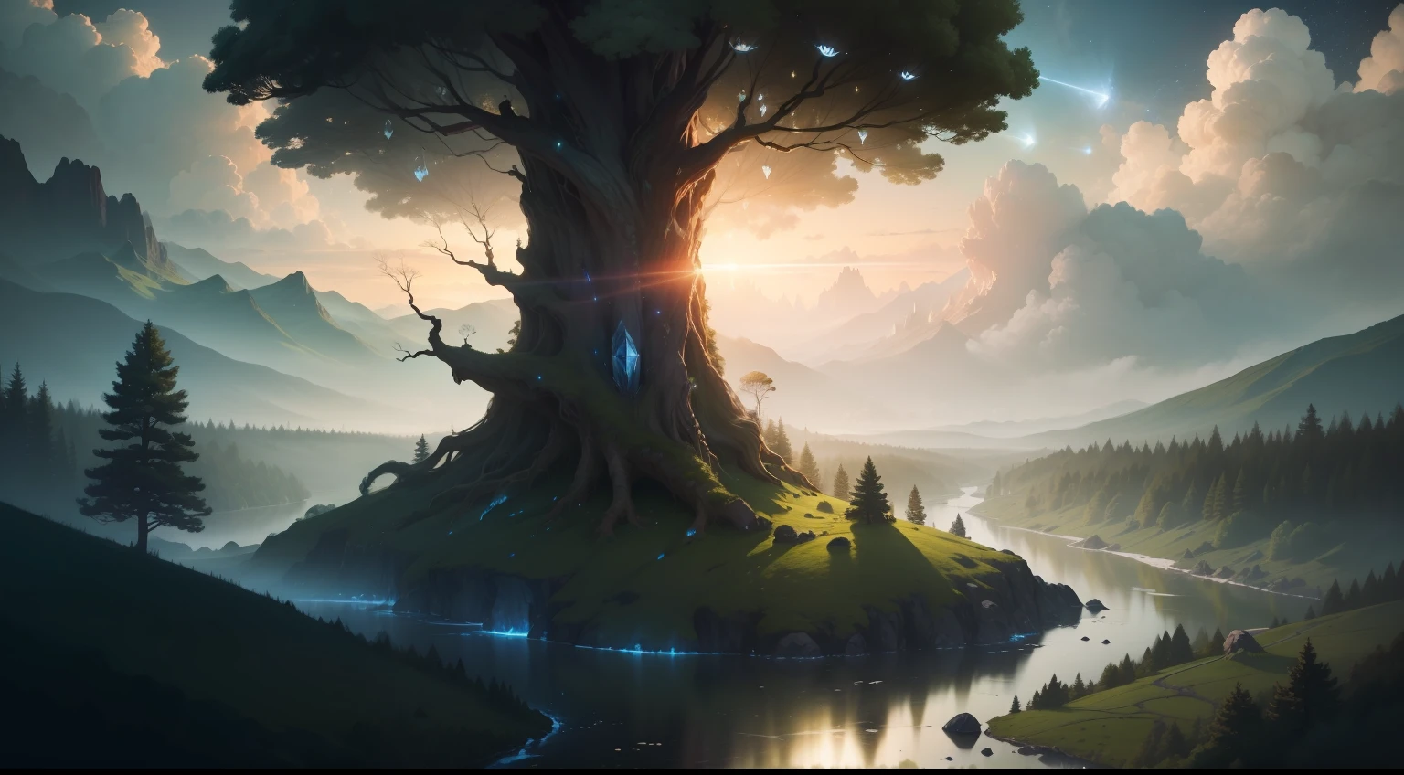 Illustration of a hyperrealistic , otherworldly, ultrasky scene featuring a giant crystal tree full body,very detailed and magical lighting, intricate forest details, vegetation and river around, solarpunk ,landscape, giant tree, beatifull leafy with beautiful lighting and realistic proportions, as if it were a cinematic background, 8k, highest quality, masterpiece, clouds and stars in the sky.