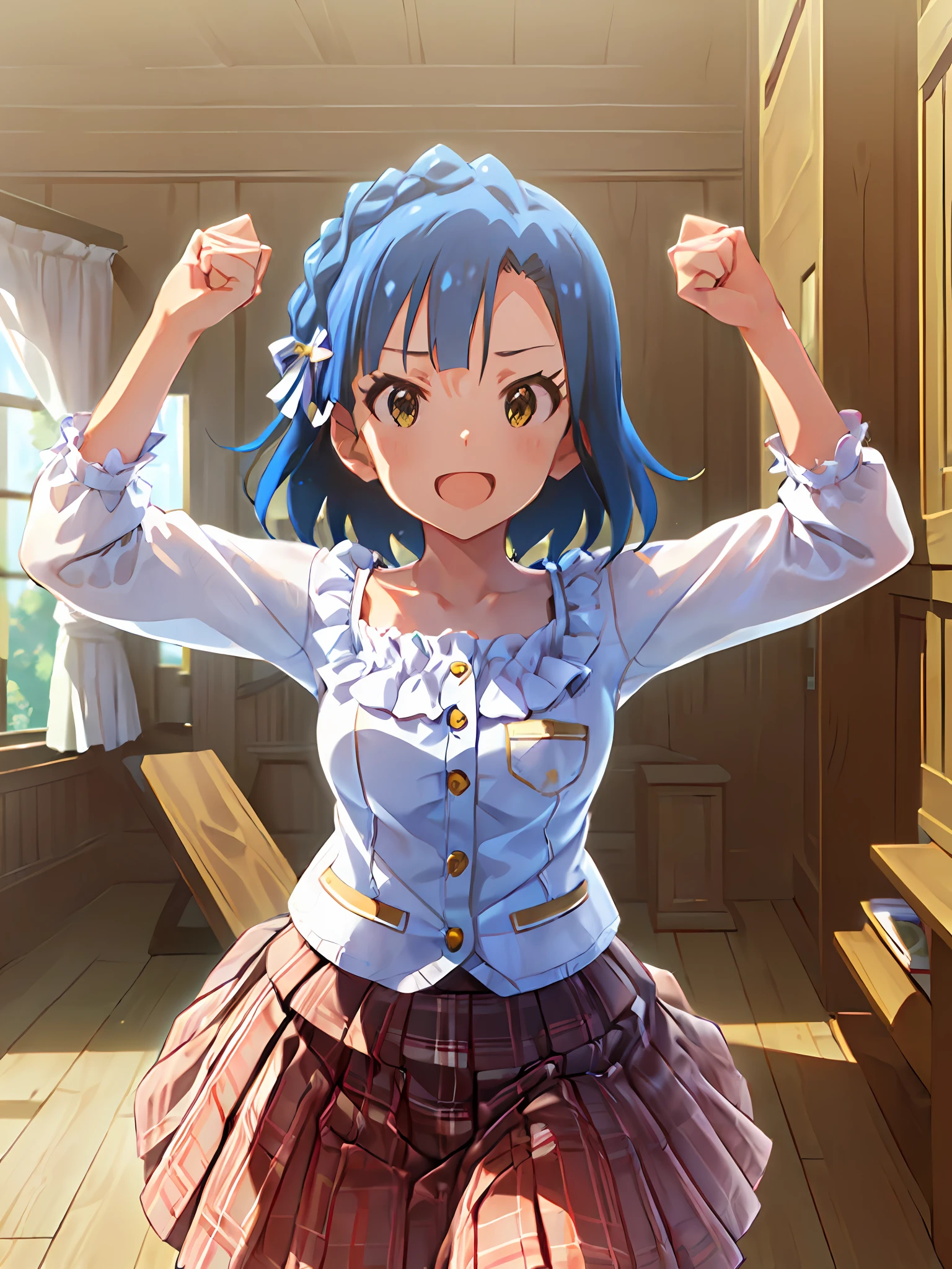 yuriko nanao (million live). Short stature. (((white t-shirts))).(((Skirt))).(((masterpiece))).(((best quality))).((Ultra-detailed))).(((illustratio))). (((raise both arm))).(((a room))).(((make a fist))).(((up chest))).(kindly smile).((short-hair)).((big breasts)).((closes mouth)).
