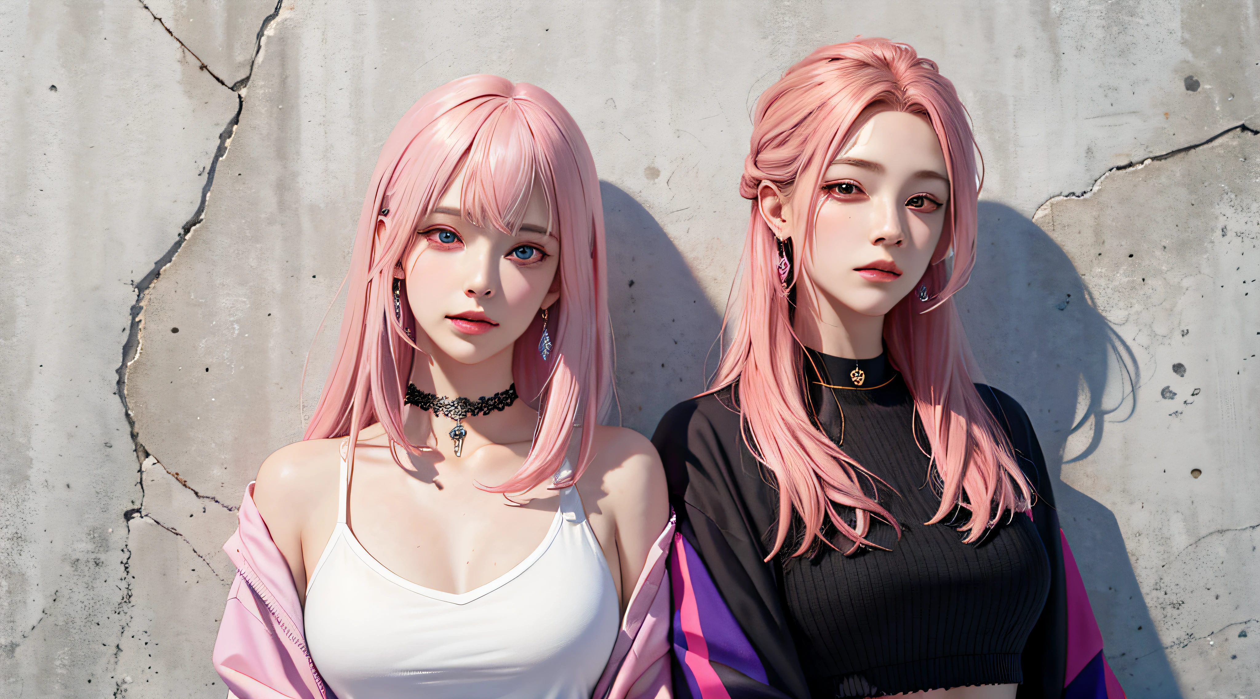 (masterpiece, best quality, 1girl, solo, intricate details, chromatic aberration), realistic, ((medium breath)),long hair, pink hair, red head ornament, pink highlights, hair over one eye,purple eyes, earrings, sharp eyes, choker, neon shirt, open jacket, crop top, (symmetry eyes),(perfect symmetrical body),against wall, brick wall, graffiti, dim lighting, alley ,look at viewer