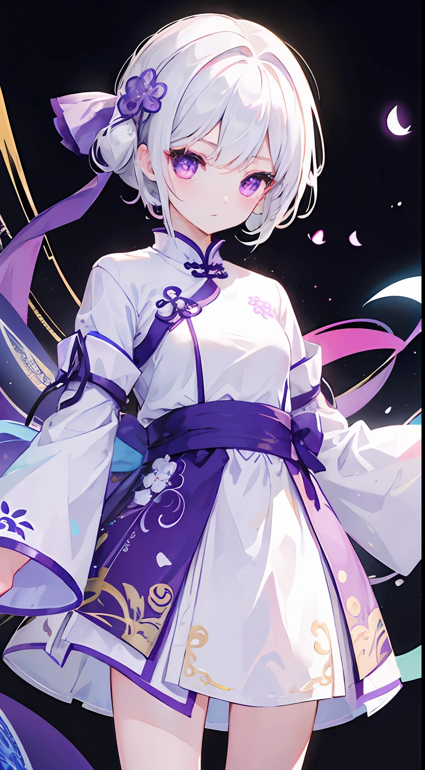 One girl、masterpiece、top-quality、Top image quality、cute little、white hair、chinese clothes、qipao dress、shortsleeves、Purple eyes、