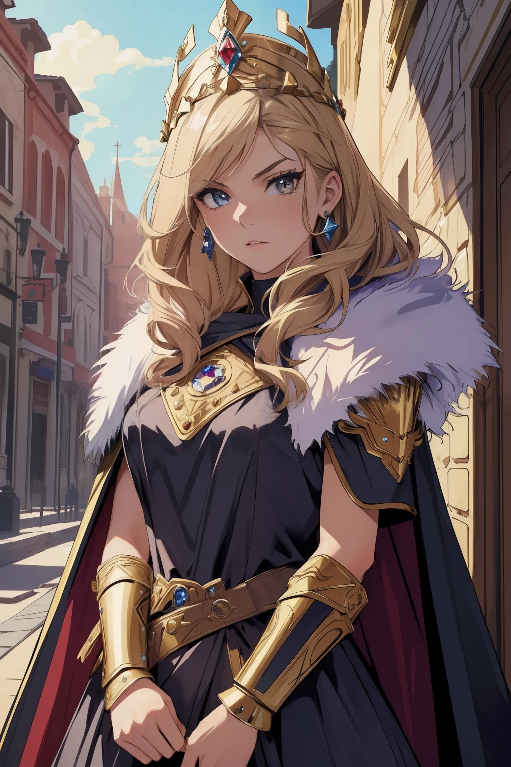 (masterpiece, top quality, best quality, official art, beautiful and aesthetic:1.2), (1girl), (warrior queen armor, fur-lined cape, jeweled crown:1.2),serious