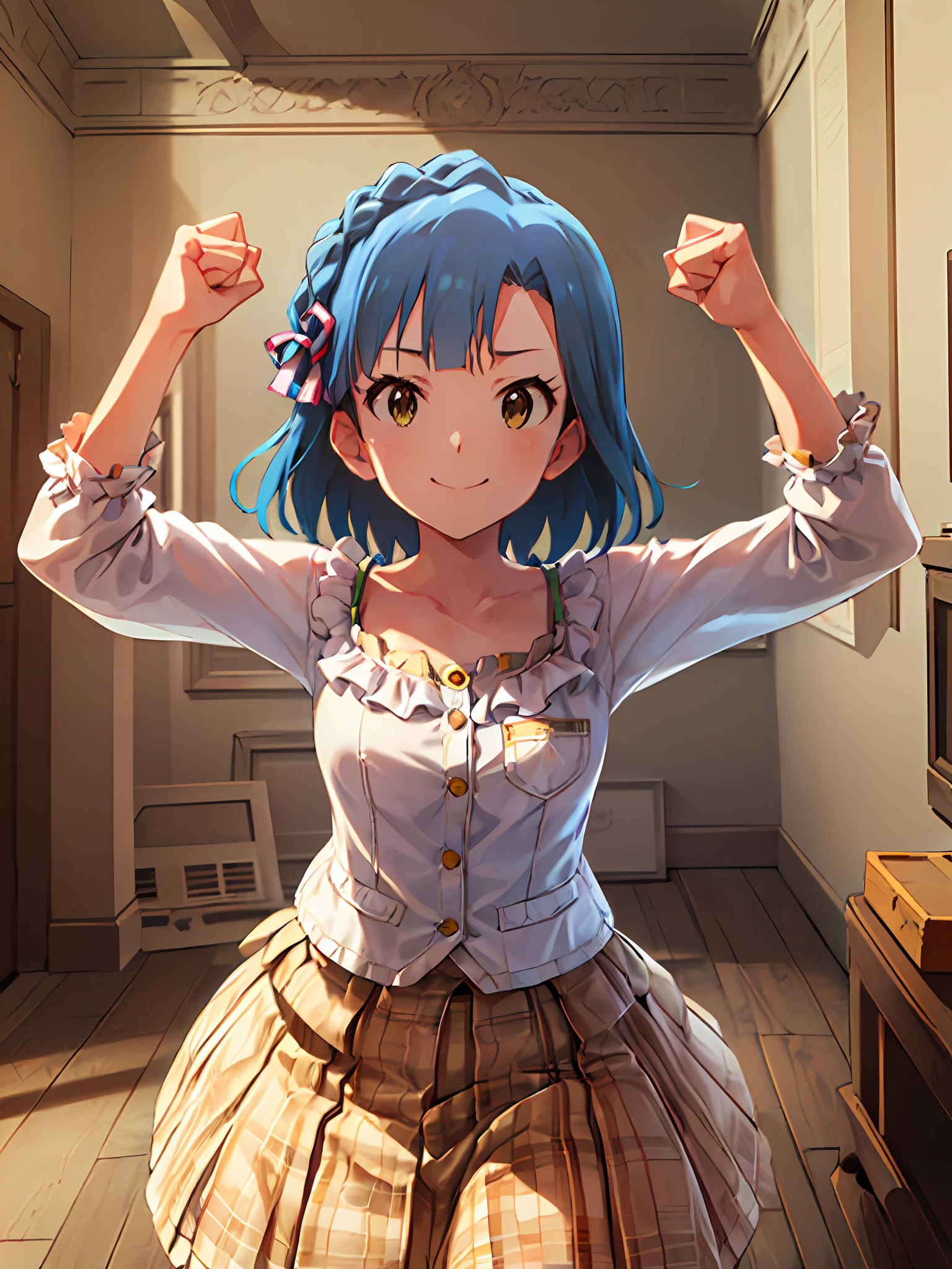 yuriko nanao (million live). Short stature. (((white t-shirts))).(((Skirt))).(((masterpiece))).(((best quality))).((Ultra-detailed))).(((illustratio))). (((raise both arm))).(((a room))).(((make a fist))).(((up chest))).(Gentle smile).((short-hair)).((big breasts)).((closes mouth)).