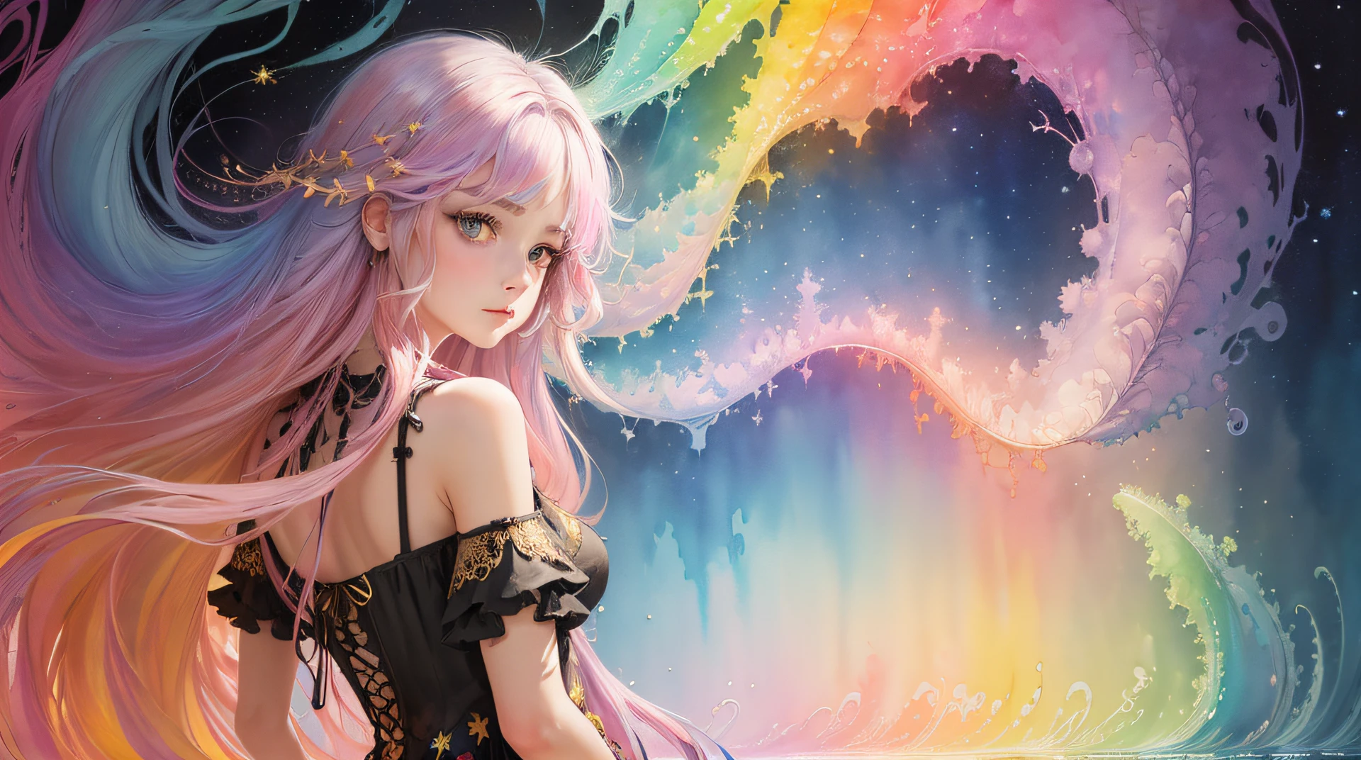 (masterpiece, top quality, best quality,watercolor (medium),official art, beautiful and aesthetic:1.2),(1girl:1.3), (fractal art:1.3),upper body, dark dress, golden detailed dress, from front, looking at viewer,patterns,(rainbow color Hair,long hair, colorful hair,half light blue and half pink hair:1.2),water,liquid, cloud,colorful, starry,stars,
