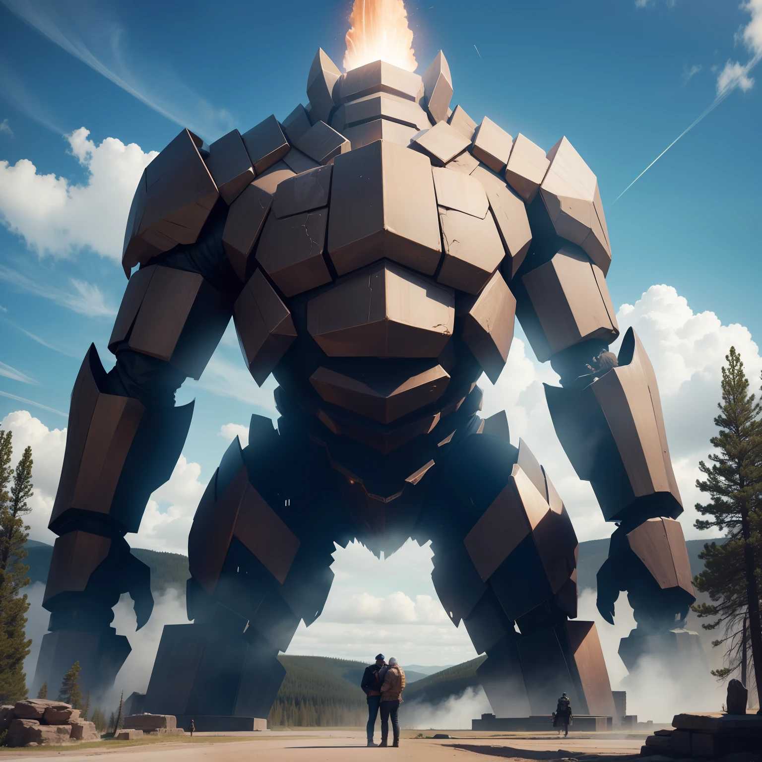 1 golem de metal grande forte ((((lutando)))) com 1 Ent de cegoia gigante em yellowstone park