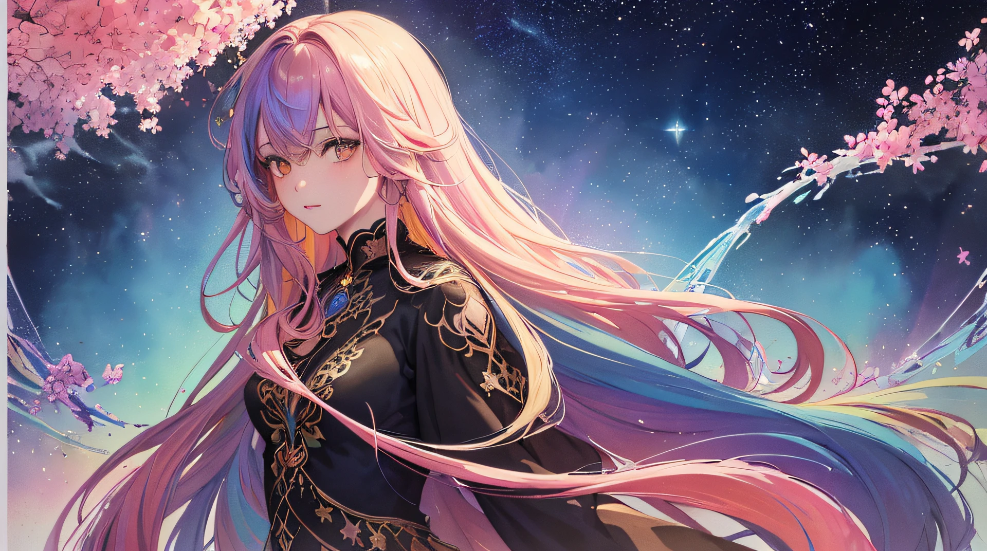 (masterpiece, top quality, best quality,watercolor (medium),official art, beautiful and aesthetic:1.2),(1girl:1.3), (fractal art:1.3),upper body, dark dress, golden detailed dress, from front, looking at viewer,patterns,(rainbow color Hair,long hair, colorful hair,half light blue and half pink hair:1.2),water,liquid, cloud,colorful, starry,stars,
