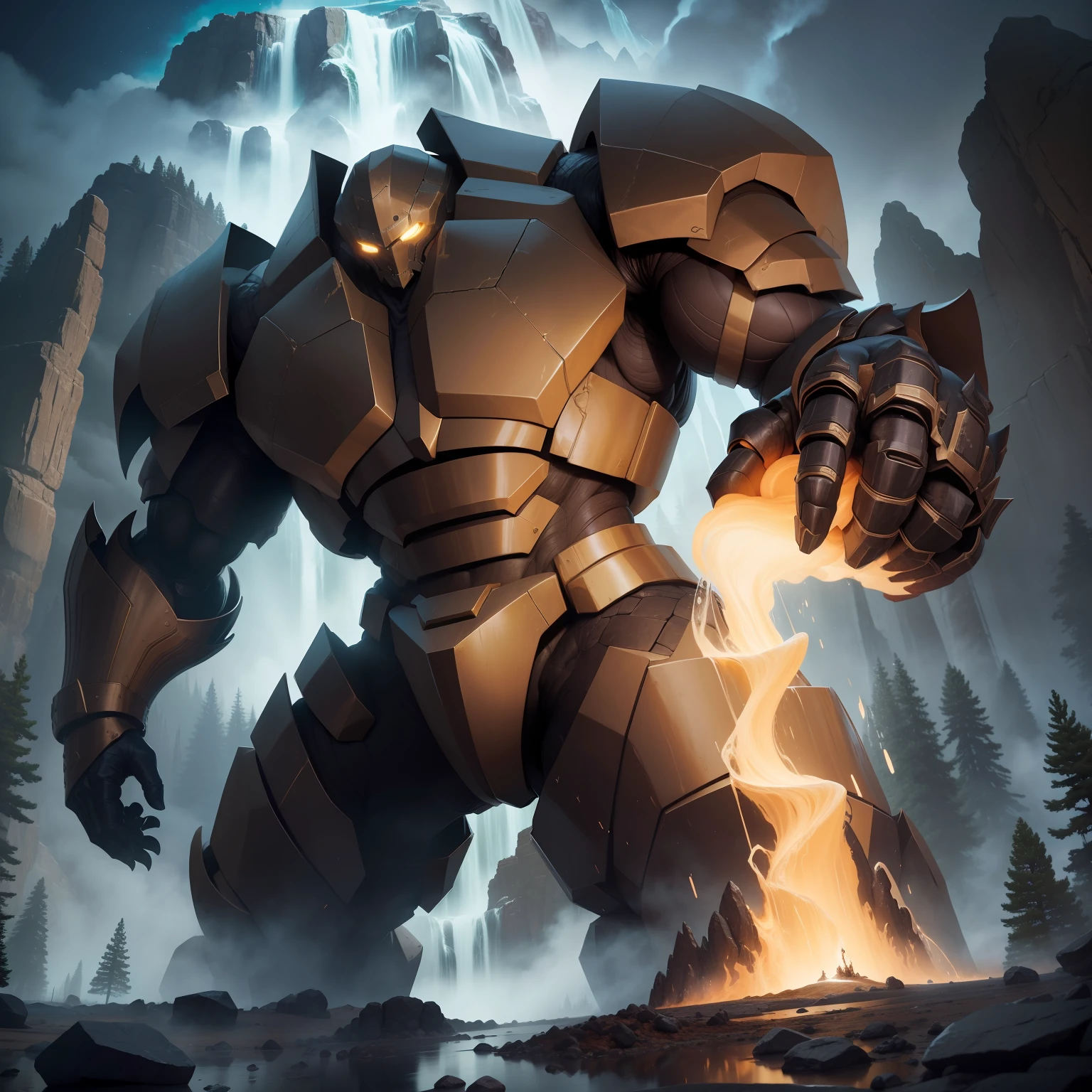 1 golem de metal grande forte ((((lutando)))) com 1 Ent de cegoia gigante em yellowstone park