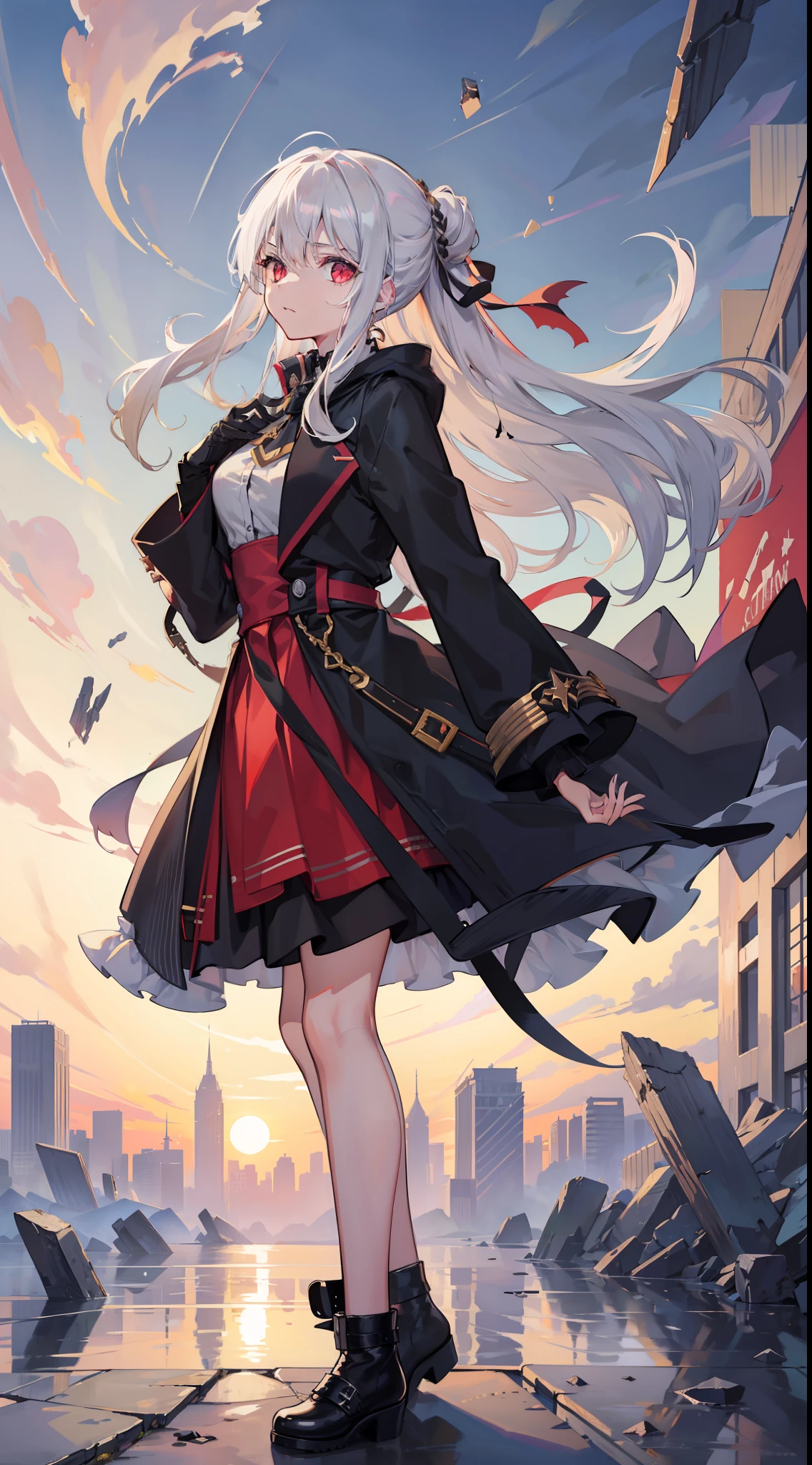 A girl, , a dark coat, , monocle, broken mirror ground, overlook, large scene of city, flying glass debris and paper fragments, flying stones, ((strong winds)), ruins, science fiction, complex details, and high quality，mary_janes，Hair rings,Half updo，Iceberg Beauty,1girl,red eyes,long hair,hime_cut,{hair in takes},medium breasts,white hair,silver_hair，