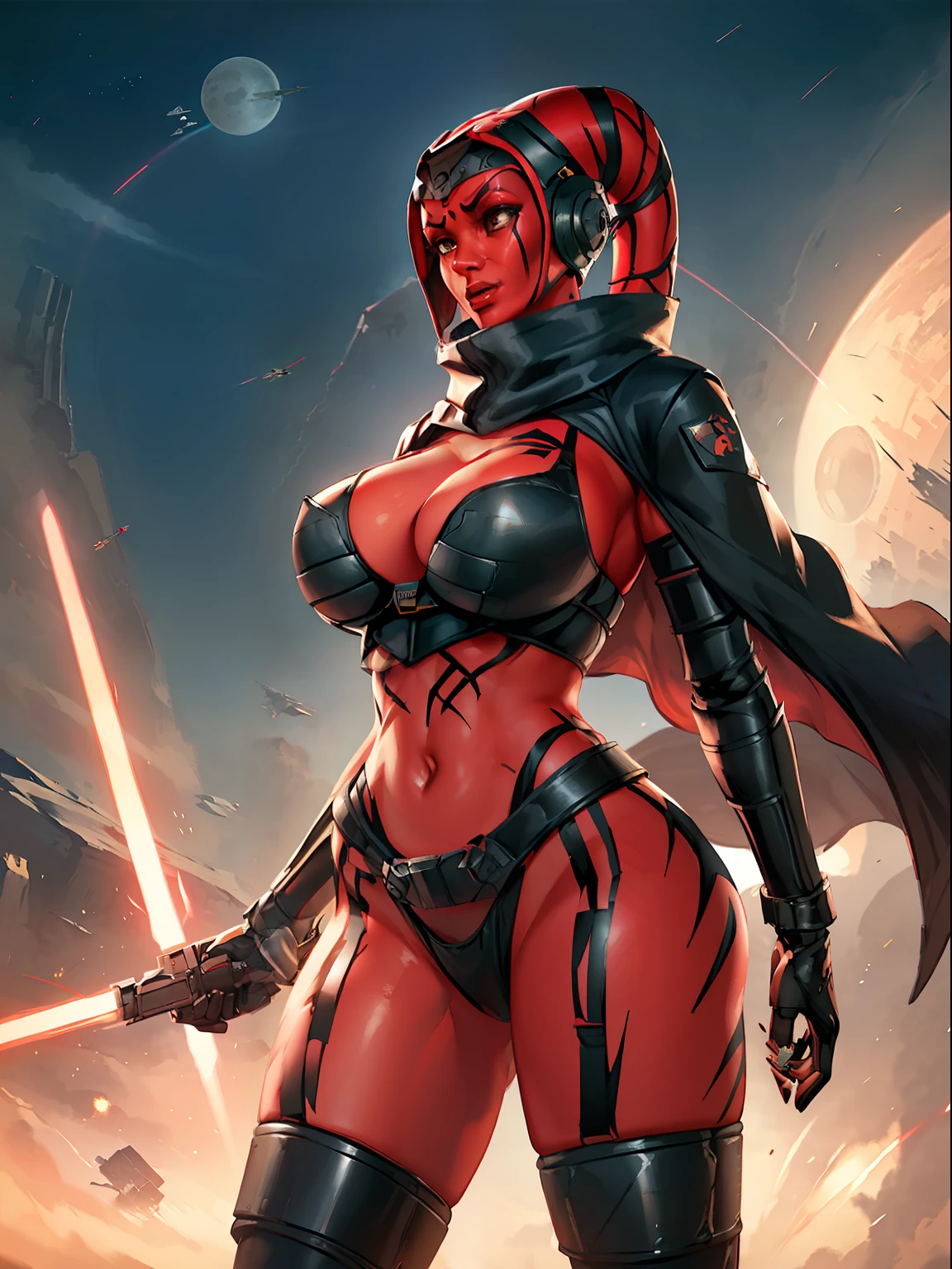 armor, busty, ((red skin), twi'lek), Sith Warrior, dual red lightsabers, evil space knight, space ninja, (wearing black stealth armor, breastplate, tunic, tabard, cowl, cloak, body glove, straps, buckles, long skirts, long sleeves, fantasy, ((armor))), ((busty), slender body, thin, slim sexy body, slim waist, long legs, toned legs, (((gigantic breasts)))), Imperial starship, Star Wars,