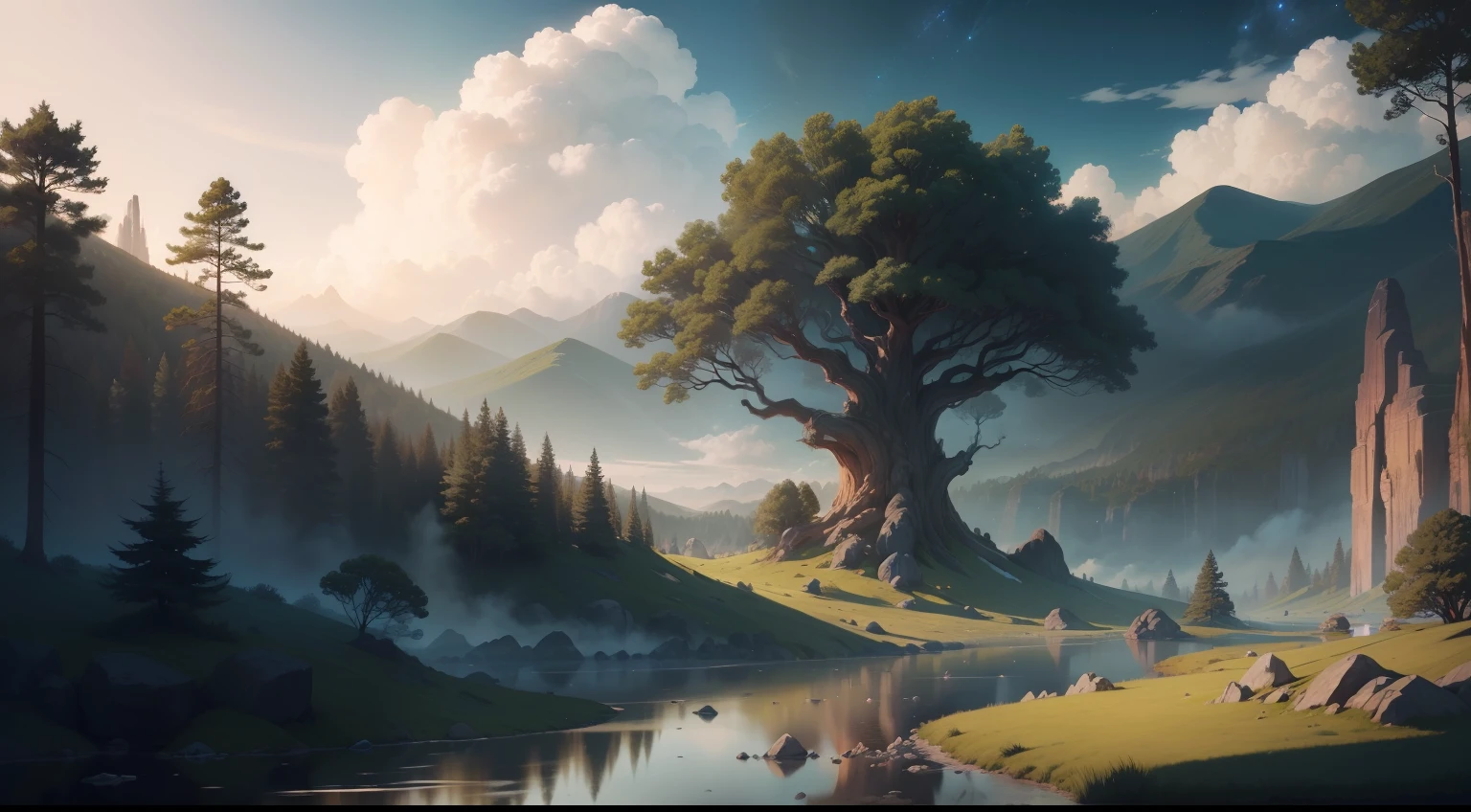 Illustration of a hyperrealistic , otherworldly, ultrasky scene featuring a giant crystal tree full body,very detailed and magical lighting, intricate forest details, vegetation and river around, solarpunk ,landscape, giant tree, beatifull leafy with beautiful lighting and realistic proportions, as if it were a cinematic background, 8k, highest quality, masterpiece, clouds and stars in the sky.
