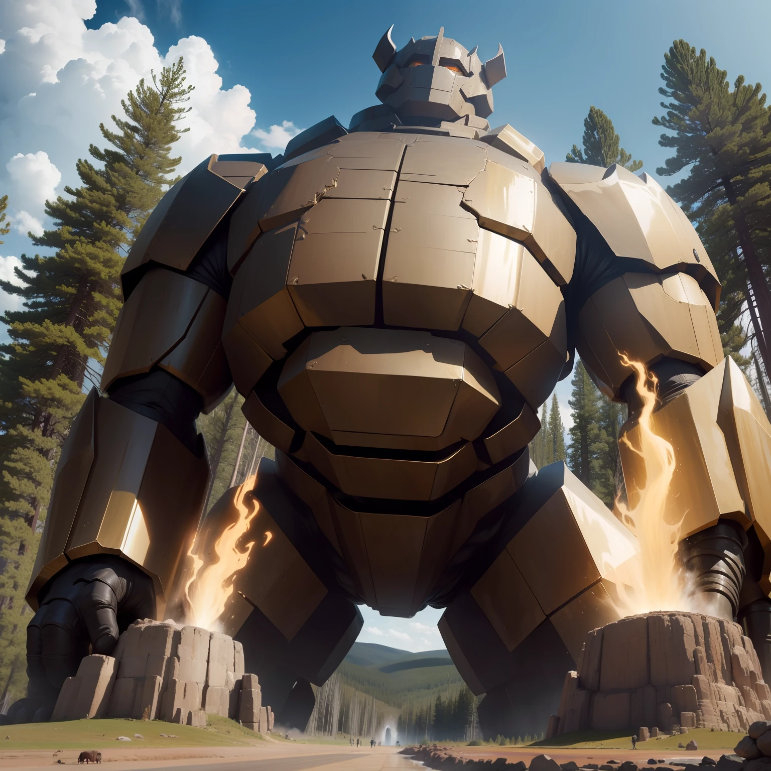 1 golem de metal grande forte ((((lutando)))) com 1 Ent de cegoia gigante em yellowstone park