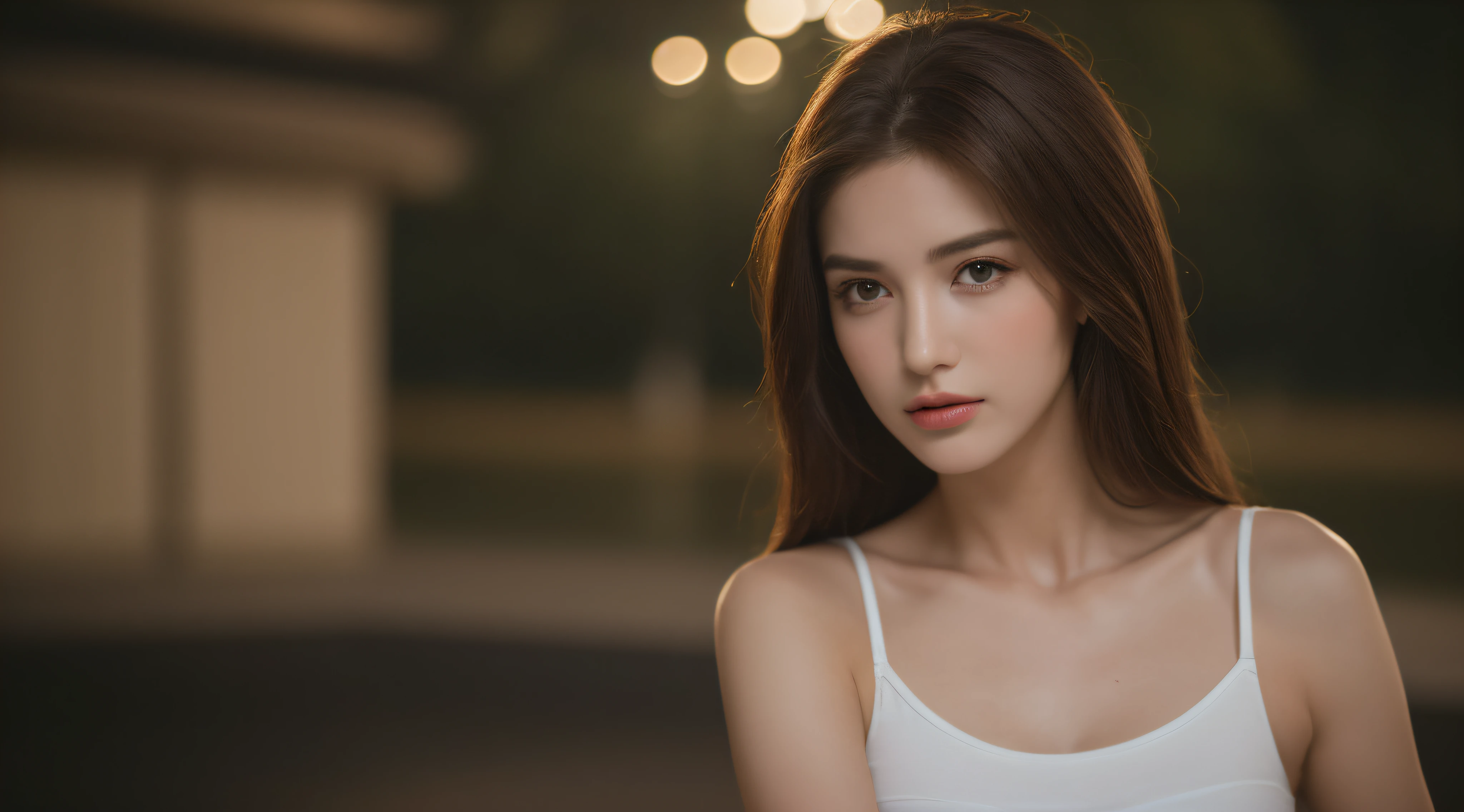 ((Realistic lighting, Best quality, 8K, Masterpiece: 1.3)), Clear focus: 1.2, 1girl, Perfect beauty: 1.4, Slim abs: 1.1, ((Dark brown hair)), (White crop top: 1.4), (Outdoor, Night: 1.1), Park view, Super fine face, Fine eyes, Double eyelids,