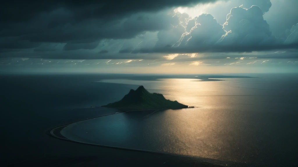 A vast expanse of sea,An island,Heavy rain is coming,It shows a sense of loneliness,Sad picture