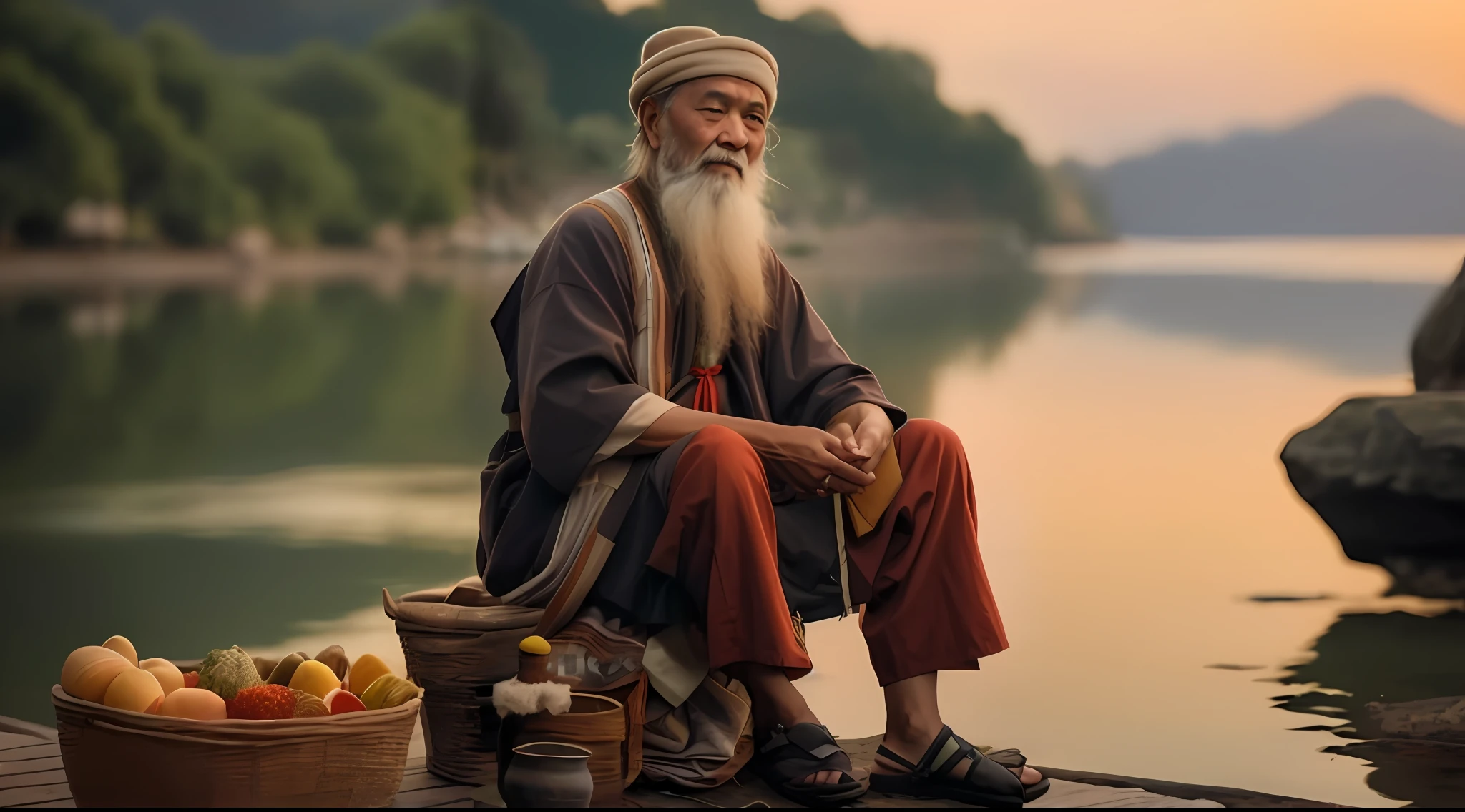 The Arafed man sits on the dock，Holding a basket of fruit, Taoist, holy man looking at ground, Wise old man, inspired by Wu Daozi, peaceful expression, Inspired by Hu Zaobin, ancient japanese monk, Taoist master, author：Li Zai, Asian people, Daoism, author：Gu Qian, inspired by Lu Zhi