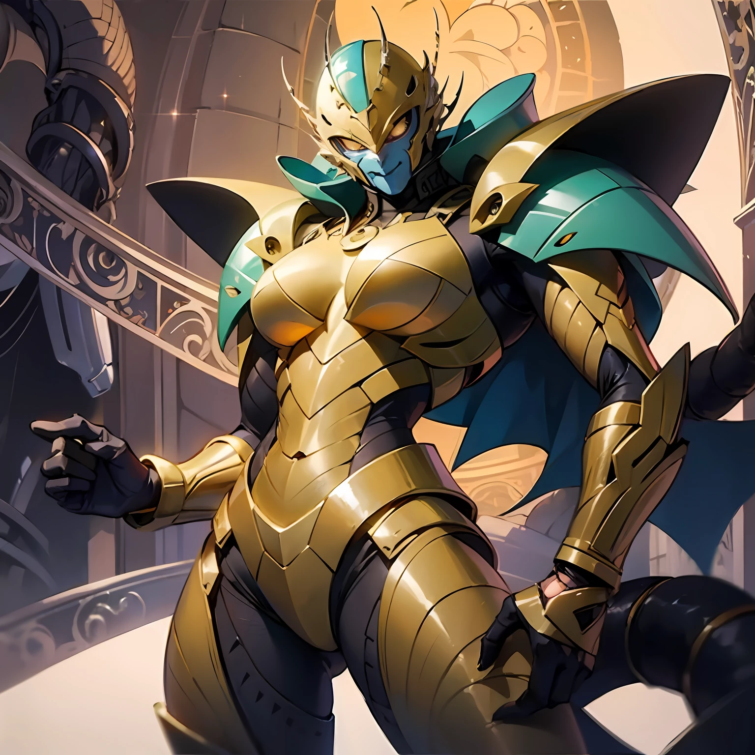 Hot insect crustacean woman, Guyver style, evil smile, scaraber reploid, bellows tail, cel shade adult animation, alien queen,