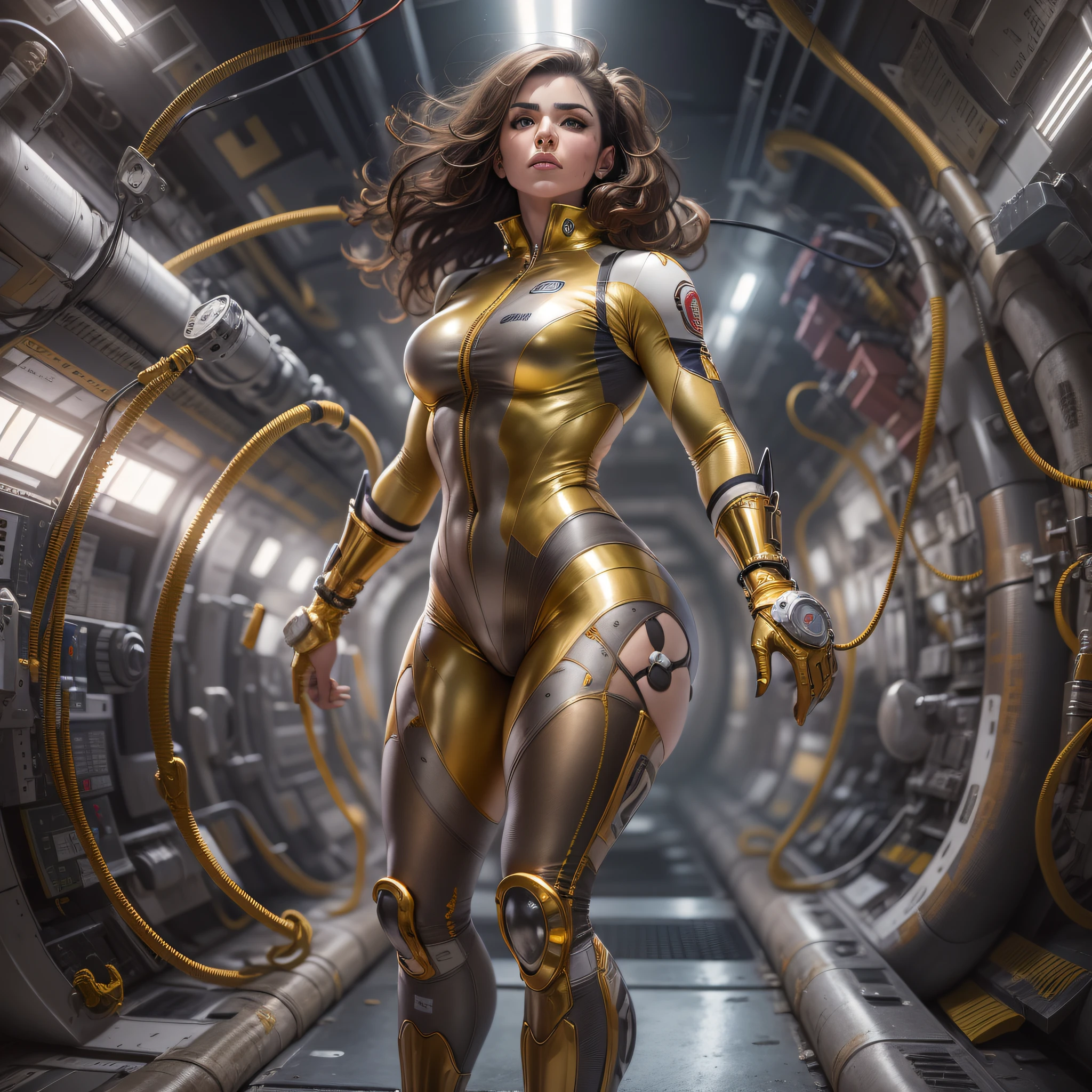 mujer atletica y voluptuosa con uniforme a lascas de metal plata , oro y bronce con grandes ojos y piernas musculadas, cuenrpo entero, se encuentra en centro de control de nave espacial, (con maquinarias , tubos, cables y tecnologia).