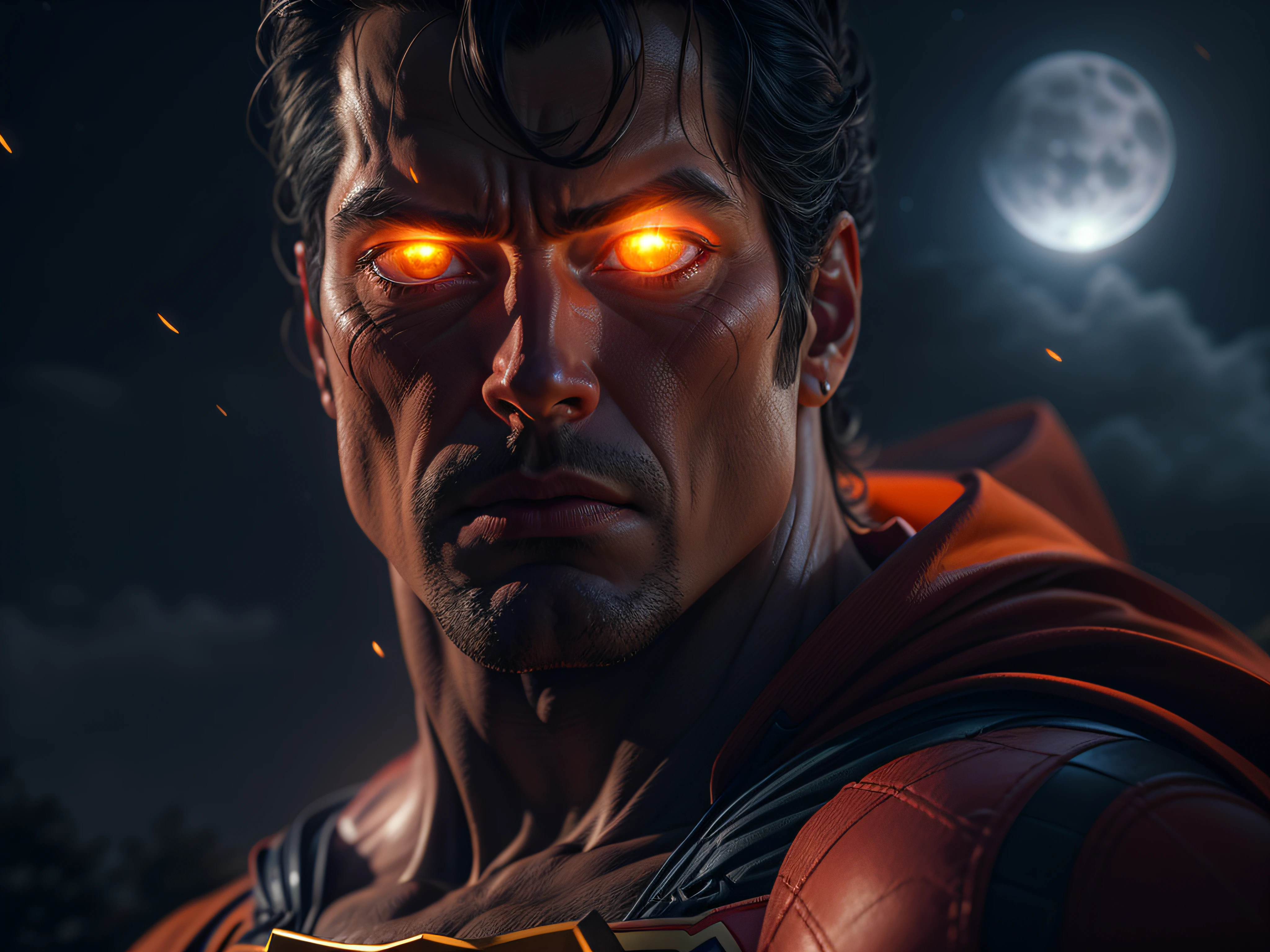 Close a powerful threat, The imposing appearance of the mighty Superman dressed in orange uniform, menacing stare, ricamente detalhado, Hiper realista, 3D-rendering, obra-prima, NVIDIA, RTX, ray-traced, Bokeh, Night sky with a huge and beautiful full moon, estrelas brilhando, 8k,