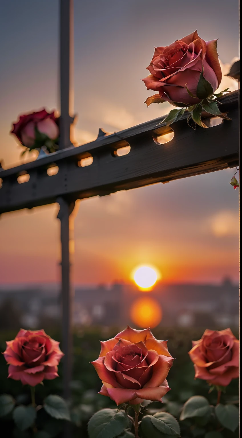 Magnificent sunset in the sky，The black fence is covered with delicate multicolored roses。The picture is romantic and delicate，high detal，hentail realism，lightand shade contrast，UHD，Masterpiece quality。