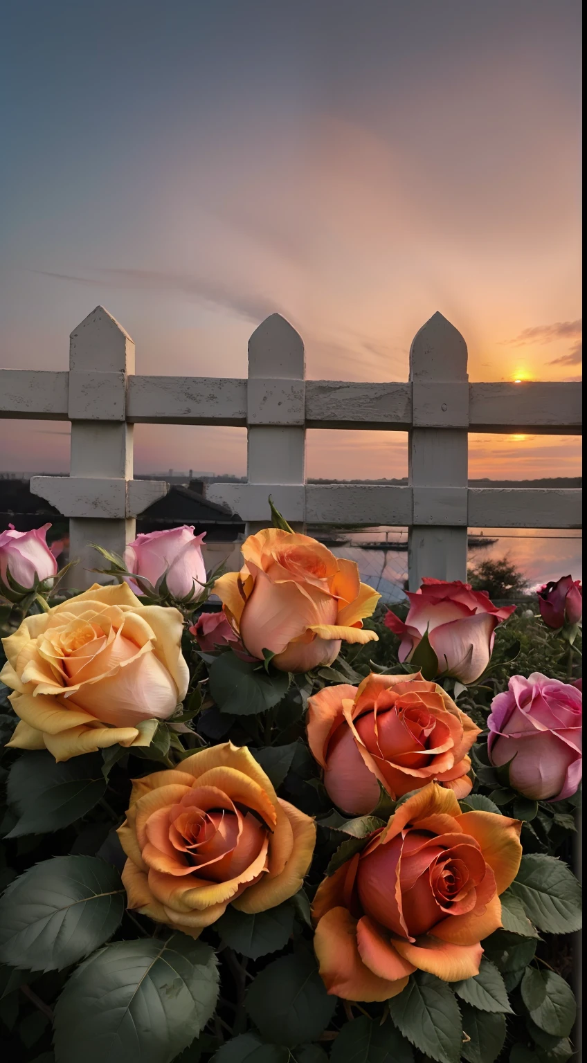 Magnificent sunset in the sky,The black fence is covered with delicate multicolored roses。The picture is romantic and delicate,high detal,hentail realism,lightand shade contrast,UHD,Masterpiece quality。