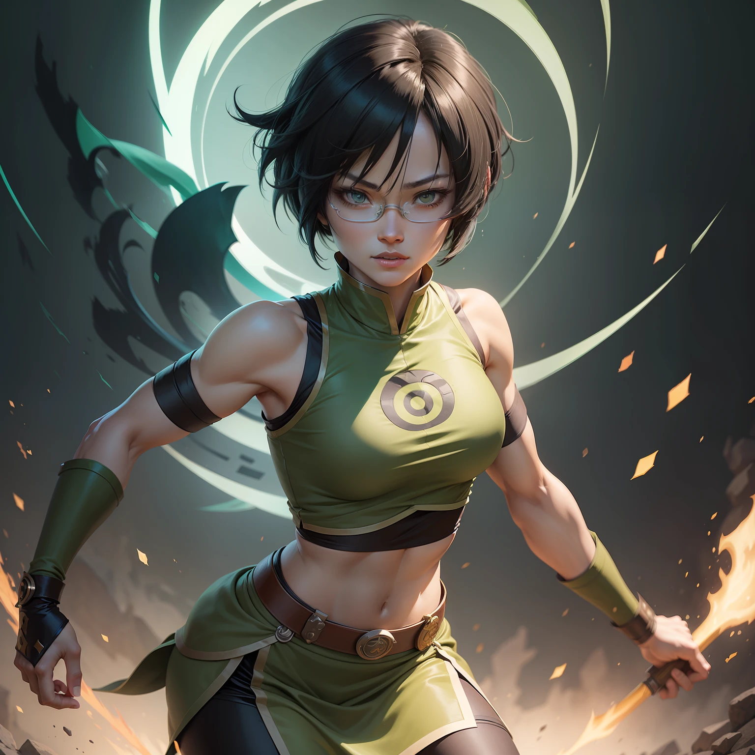 "(Toph Beifong)styling+Avatar portrays a powerful visual，CG illustration showing the personality and characteristics of Toph Beifong's character，Clearly show the unique charm of her eyes，Highlight her earthy abilities and unique glasses，Create an atmosphere full of strength and confidence。"