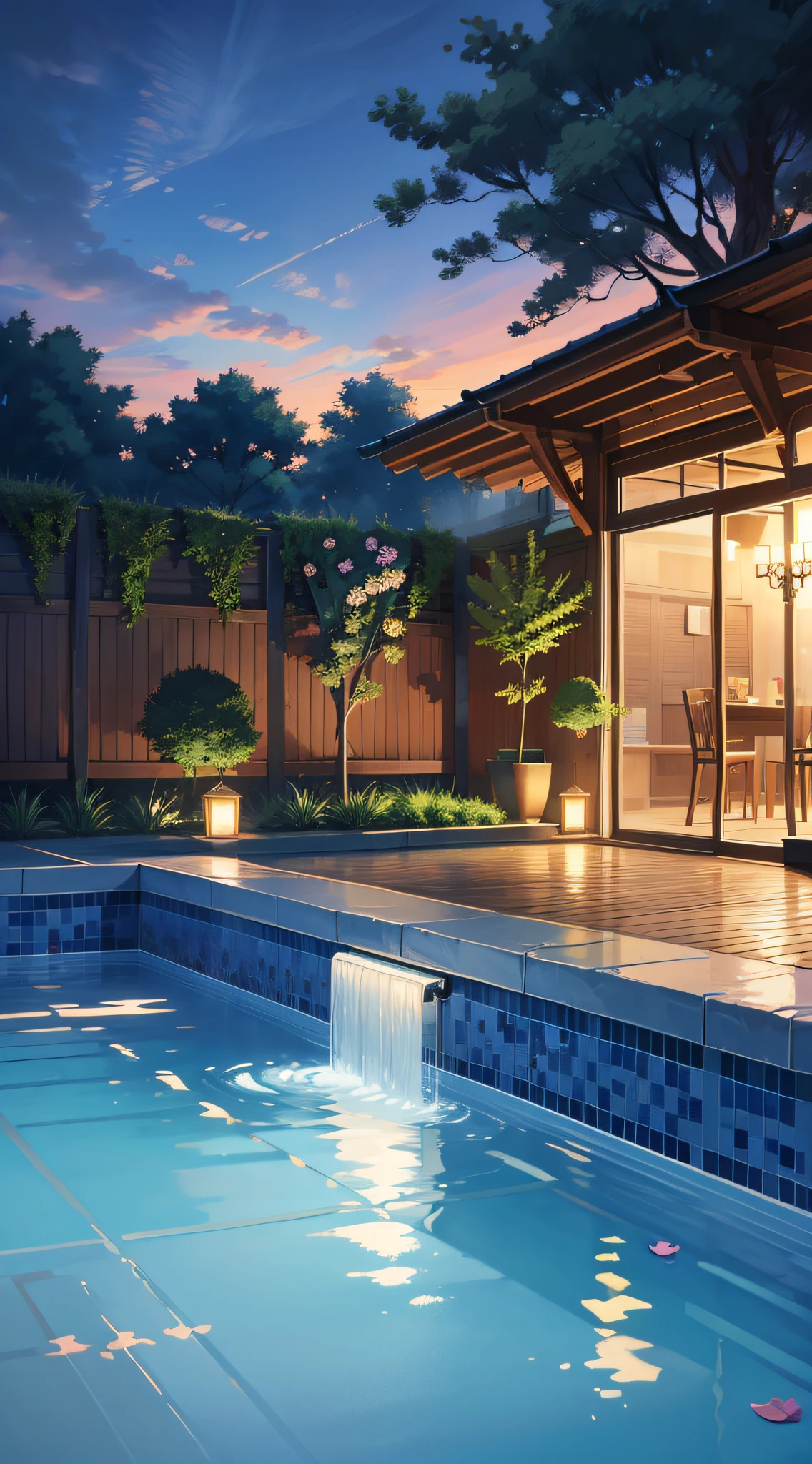 Outdoor swimming pool,Large open-air bath,outdoor bathroom,Bright light,There is water vapor,foamy,airbubble,There are flowers and trees around,Pool grounds,Twilight Hour,Warm light,Royal style,style of anime,4k anime wallpapers,ultraclear,tmasterpiece