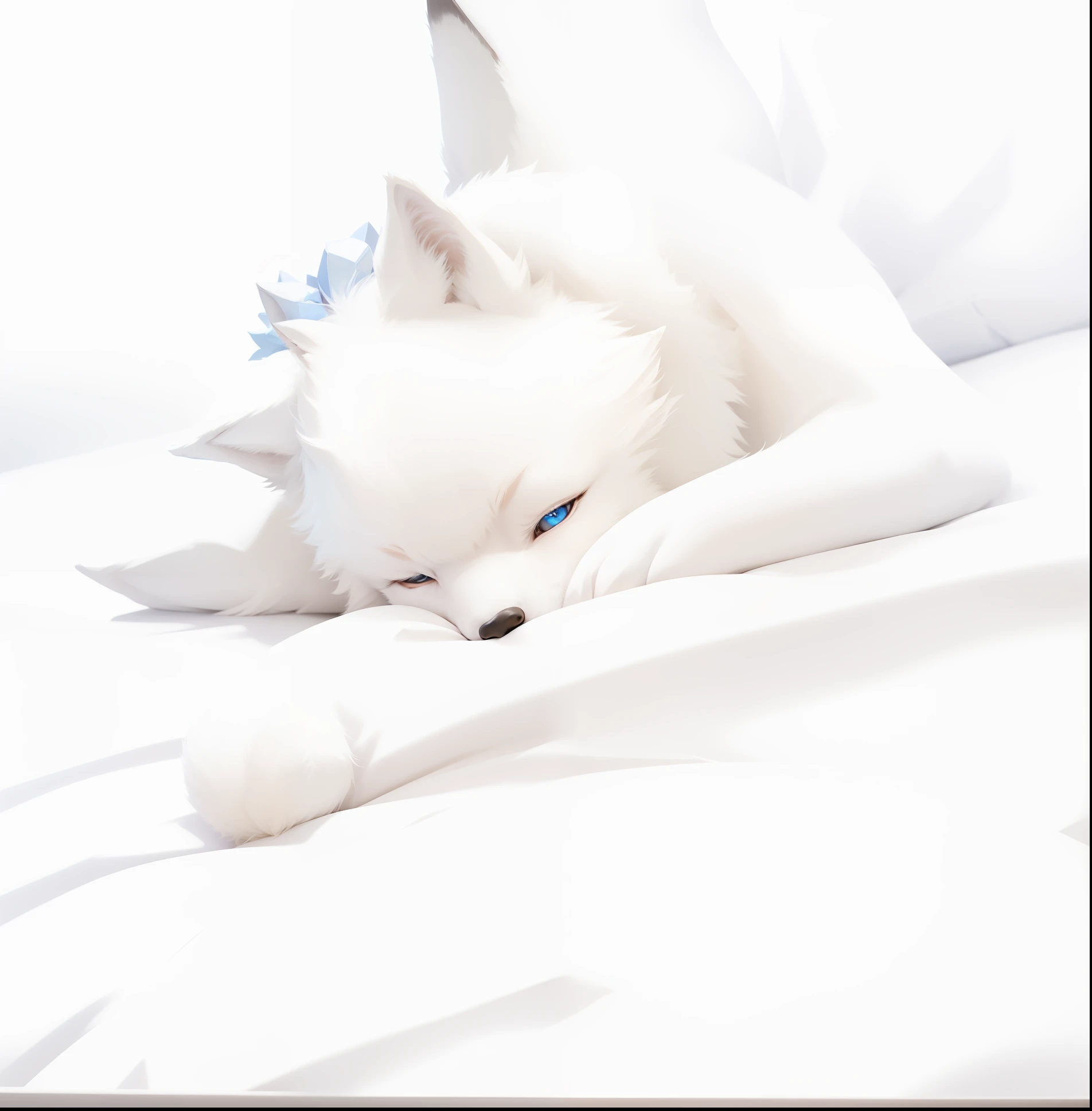 White wolf,8 year old boy,Wolf boy,1boys,White wolf ears,fur(Delicate and soft),Good looking light,Lying on a light blue sheet,(The blue quilt is covered with white stars),Holding a cell phone in your hand,light blue eyes,Rub your eyes,hyper cute face。A teenager the size of a wolf,tmasterpiece,Super meticulous,Very meticulous fur。hairy chest。furry。