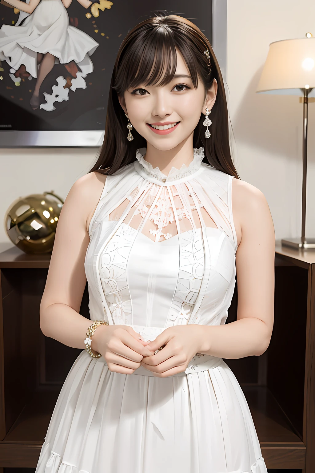 top-quality、​masterpiece、超A high resolution、(Photorealsitic:1.4)、A highly detailed、Professional lighting smile、white frills chiffon sleeveless tops, white tulle maxi skirt dress, mermaid line, wicker basket bag.