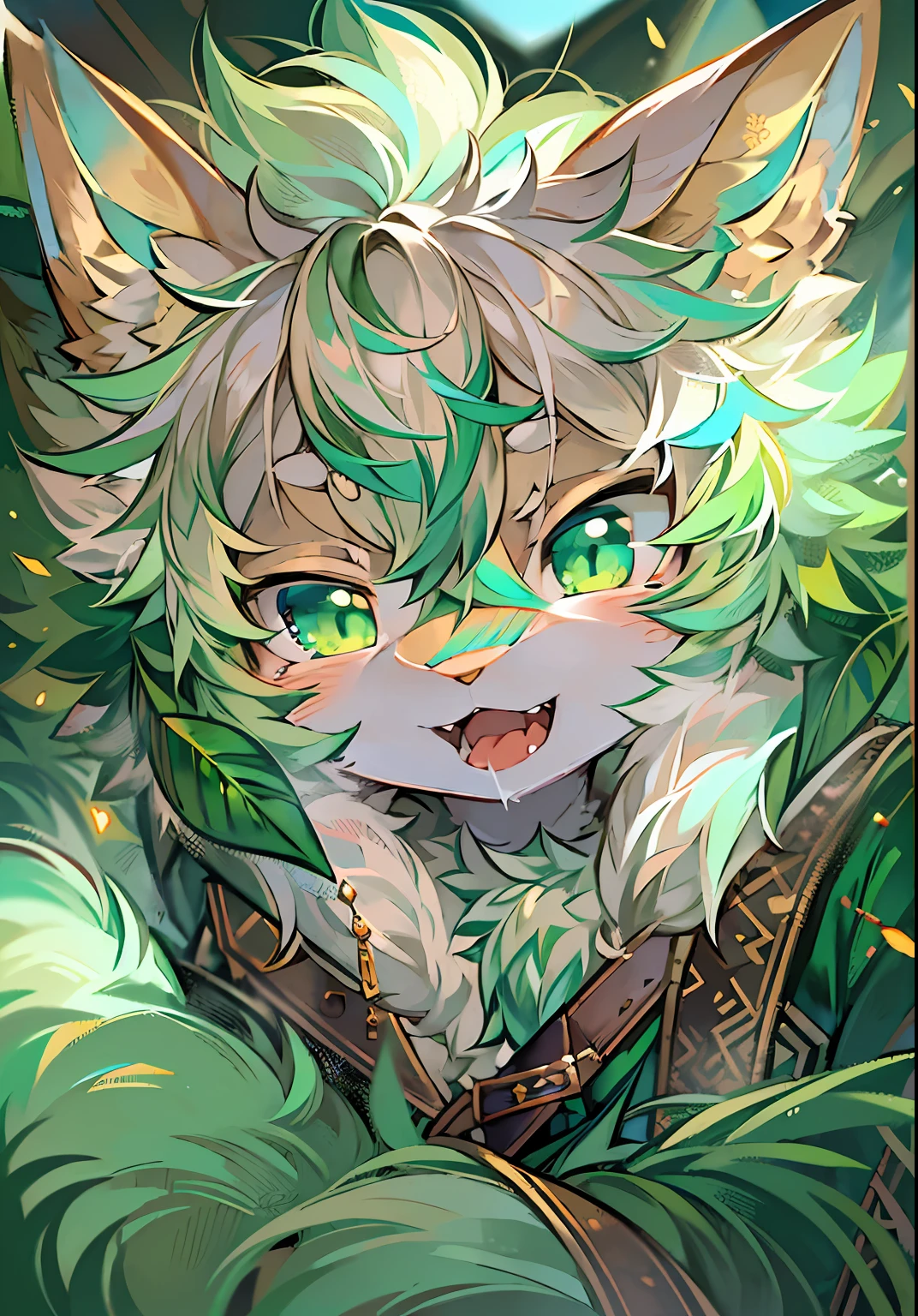 Masterpiece,High quality,abstract res,Digital painting\(artwork of a\), author:wolfsoul, Yupa,Kiyosan,(anthro,Fluffy fur,Character focus:1.1),anthro male cat,Portrait , eyes with brightness, in a panoramic view, Character focus.(detailedbackground:0.7), 独奏, shaggy, shaggy male, ,malefocus, Robust,Strong anthrax(Full Body Furry, It has a fluffy tail,With a green pattern, White fur, Dark green eyes), (Long felines、Dark green ears、Beige tail、It has a light green smoky pattern on its body、Beige hair、The tail has a dark green pattern),(External、In the daytime、clear skies)