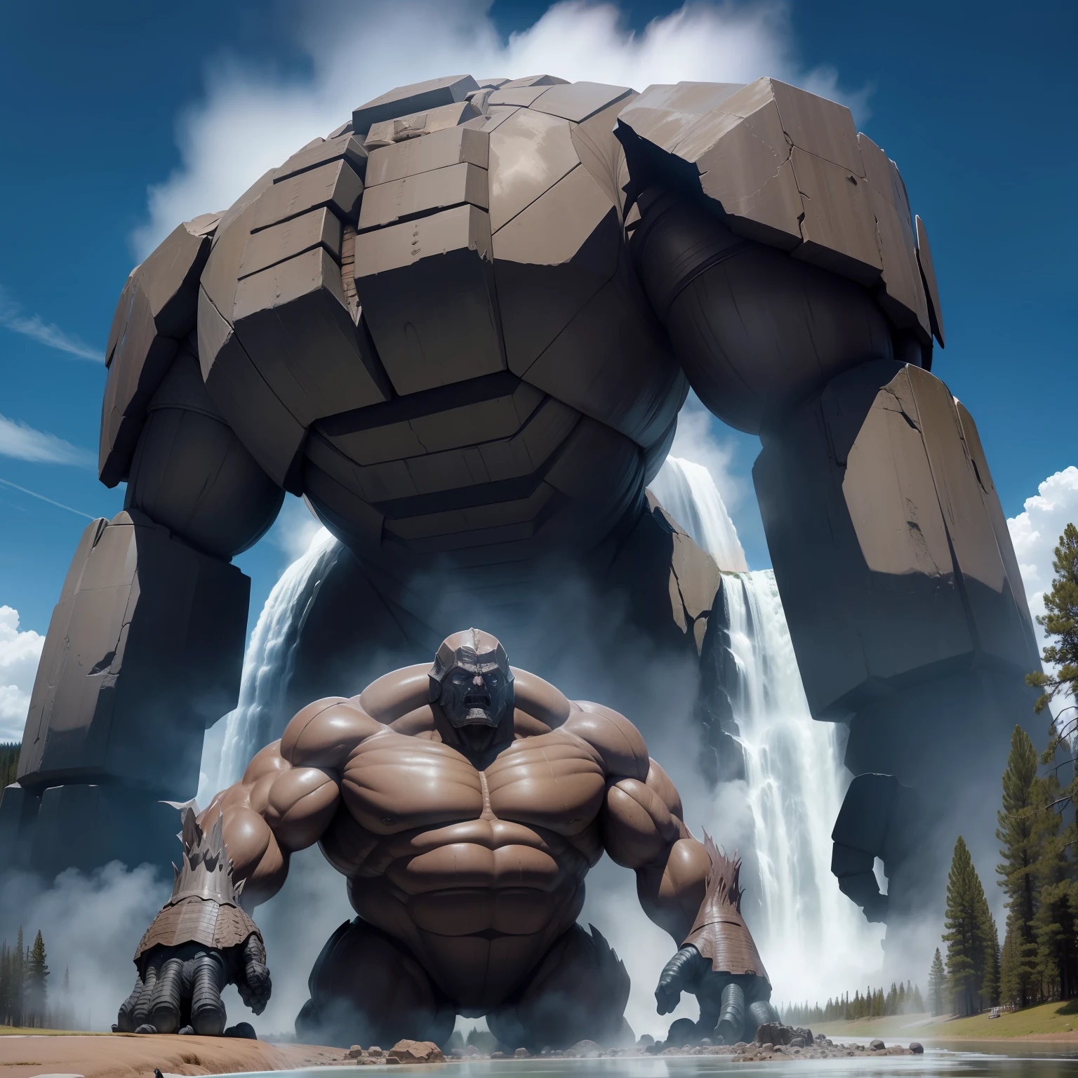 toguro 1 golem de metal grande forte ((((lutando)))) com 1 Ent de cegoia gigante em yellowstone park