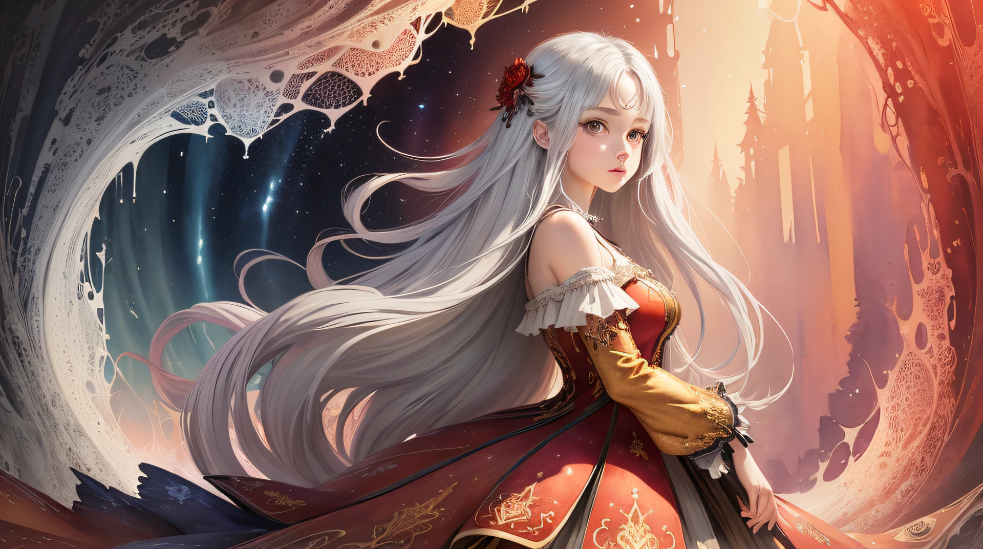 (masterpiece, top quality, best quality,watercolor (medium),official art, beautiful and aesthetic:1.2),(1girl:1.3), (fractal art:1.3),upper body, dark dress, golden detailed dress, from front, looking at viewer,patterns,(crimson color Hair,long hair, colorful hair,half silver and half crimson hair:1.2),water,liquid, cloud,colorful, starry,stars,