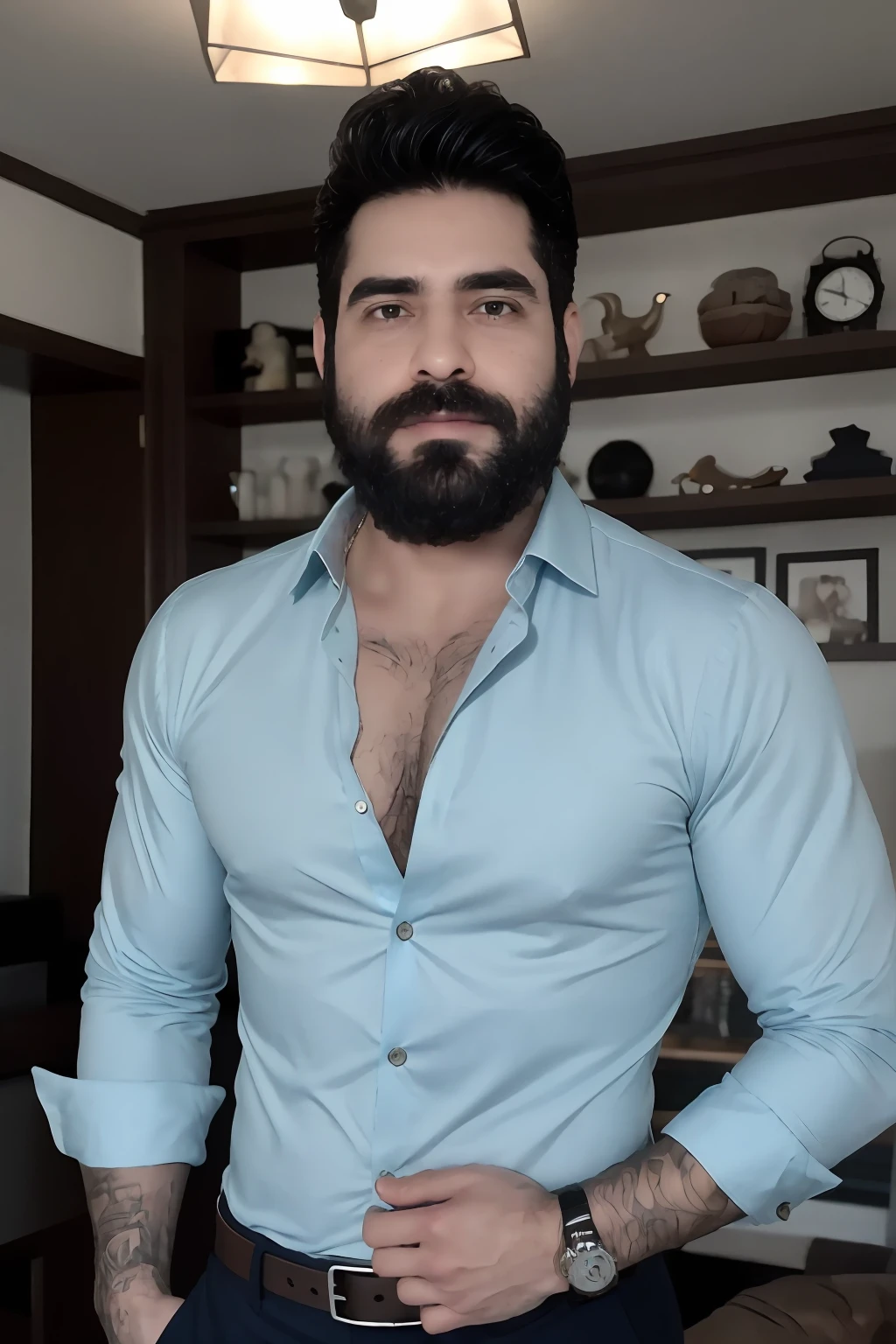 25-year-old man, Obra maestra, La mejor calidad, Altas Resoluciones, absurdos, realista, 1 hombre, solamente, pelo corto, Enfoque pectoral, sin vellos , cabello negro, barba corta, cuerpo completo, muscular, Mirando al espectador, camisa azul, blue dress pants