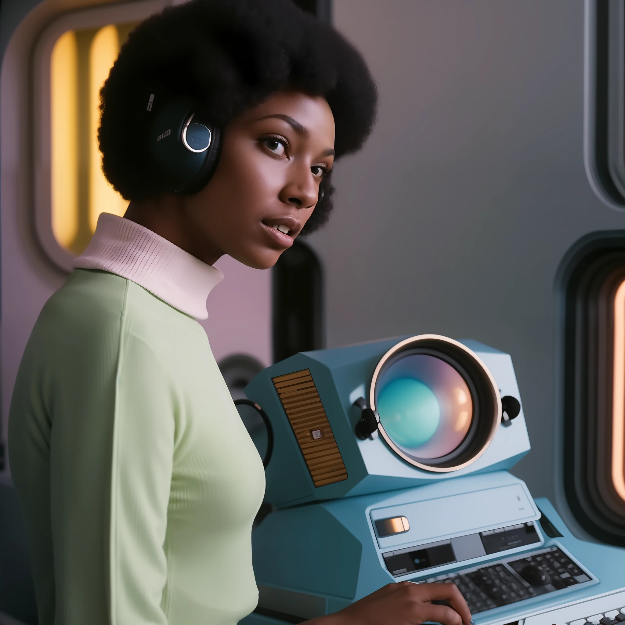 Woman in green sweater and headphones stands in front of a computer, 7 0's vintage sci - estilo fi, afro - estilo futurista, Afrofuturista, futurismo afro, Retro Sci - Imagem de FI, afrofuturista, afrofuturismo, afro futurista, 1 9 6 0 s menina espacial, estilo afrofuturismoo, No filme 2001 Uma Spaceodyssey