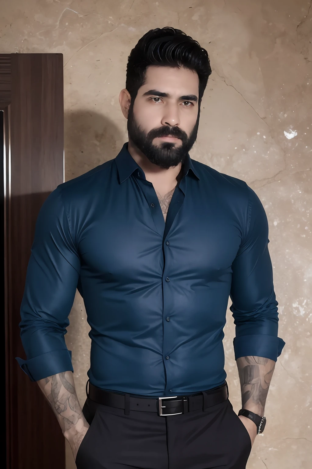 25-year-old man, Obra maestra, La mejor calidad, Altas Resoluciones, absurdos, realista, 1 hombre, solamente, pelo corto, Enfoque pectoral, sin vellos , cabello negro, barba corta, cuerpo completo, muscular, Mirando al espectador, camisa azul, blue dress pants