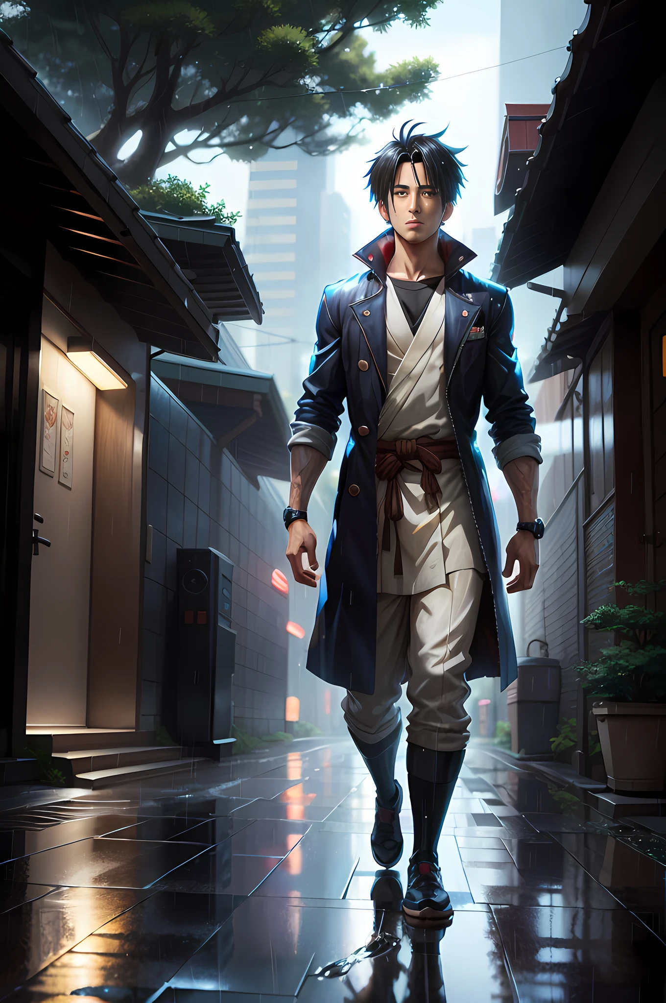 "hyper-stylized anime rain reflecting realistic light"