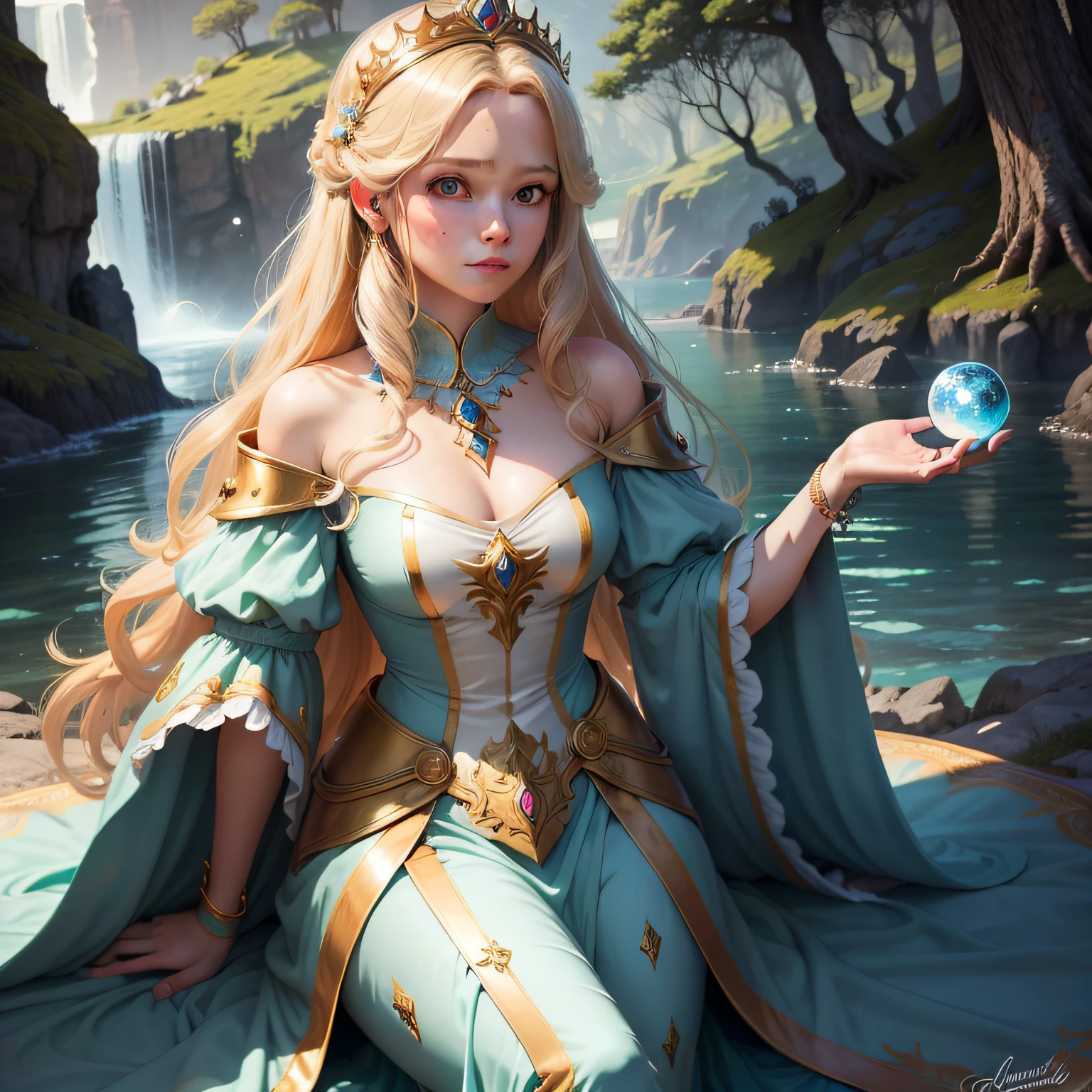 Crie uma imagem da Princesa Isabelle, a nobre e graciosa herdeira do Reino de Aqualuz. She is a young woman of radiant beauty, with long golden hair and bright eyes that reflect his intelligence and compassion. Isabelle is dressed in elegant clothes, adornadas com detalhes nas cores azul e branco, que simbolizam a pureza e a nobreza de seu reino.
His posture is confident and courageous, representing your determination to meet the challenges that come your way. In one hand, She holds a magical sphere, representing your Conjuration skills, while the other rests softly on the head of a majestic magical creature beside her, showing your special connection to nature and enchanted creatures.
The scenery around it can be composed of natural elements, like ancient trees and crystalline waterfalls, highlighting its connection to nature and the Kingdom of Aqualuz. As cores da imagem devem ser suaves e vibrantes, reflecting the noble and hopeful aura of Princess Isabelle.
Be sure to capture the essence of Isabelle's personality, that's smart, empathetic and courageous, em cada detalhe da imagem. Your expression should convey compassion and determination.
The image should be a faithful representation of Isabelle's nobility and leadership, mostrando-a como uma figura inspiradora e querida por seu povo no Reino de Aqualuz. His presence should radiate hope and confidence, For she is destined to face great challenges and protect her kingdom with courage and wisdom.