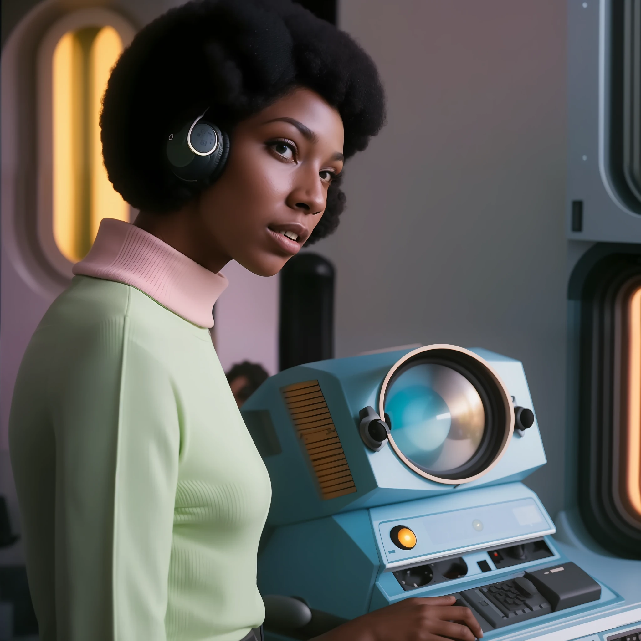 Woman in green sweater and headphones stands in front of a computer, 7 0's vintage sci - estilo fi, afro - estilo futurista, Afrofuturista, futurismo afro, Retro Sci - Imagem de FI, afrofuturista, afrofuturismo, afro futurista, 1 9 6 0 s espacial, estilo afrofuturismoo, No filme 2001 Uma Spaceodyssey