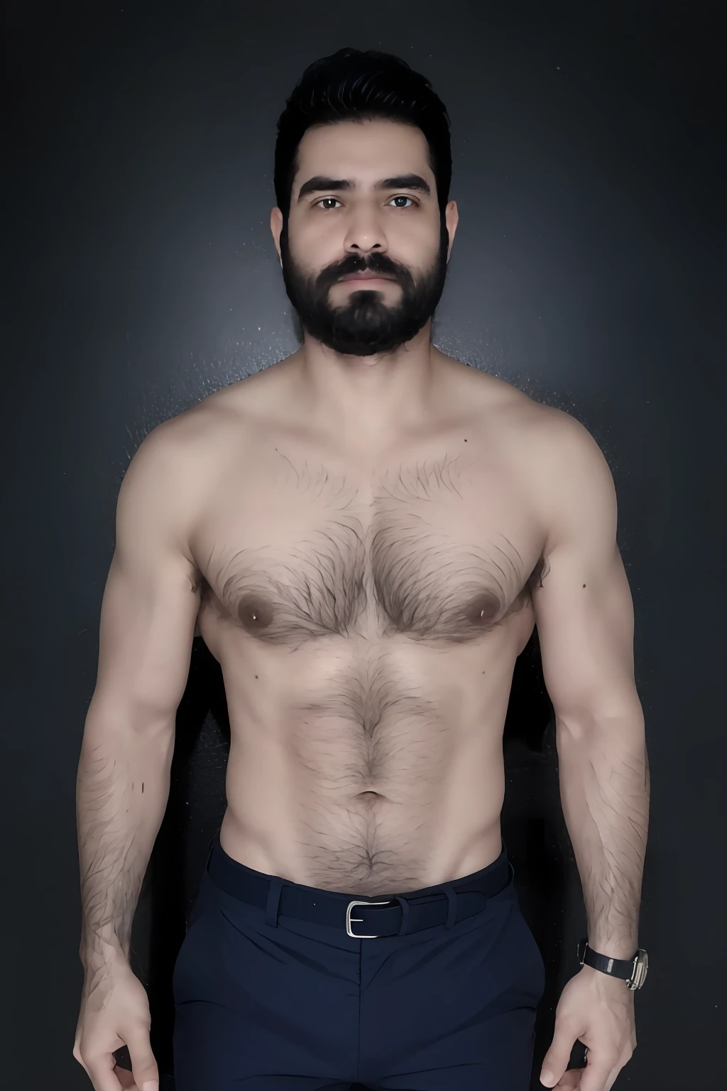 -yeld maObra maestra, La mejor calidad, Altas Resoluciones, absurdos, realista, 1 hombre, solamente, pelo corto, Enfoque pectoral, sin vellos , cabello negro, barba corta, cuerpo completo, muscular, Mirando al espectador, camisa azul, blue dress pants