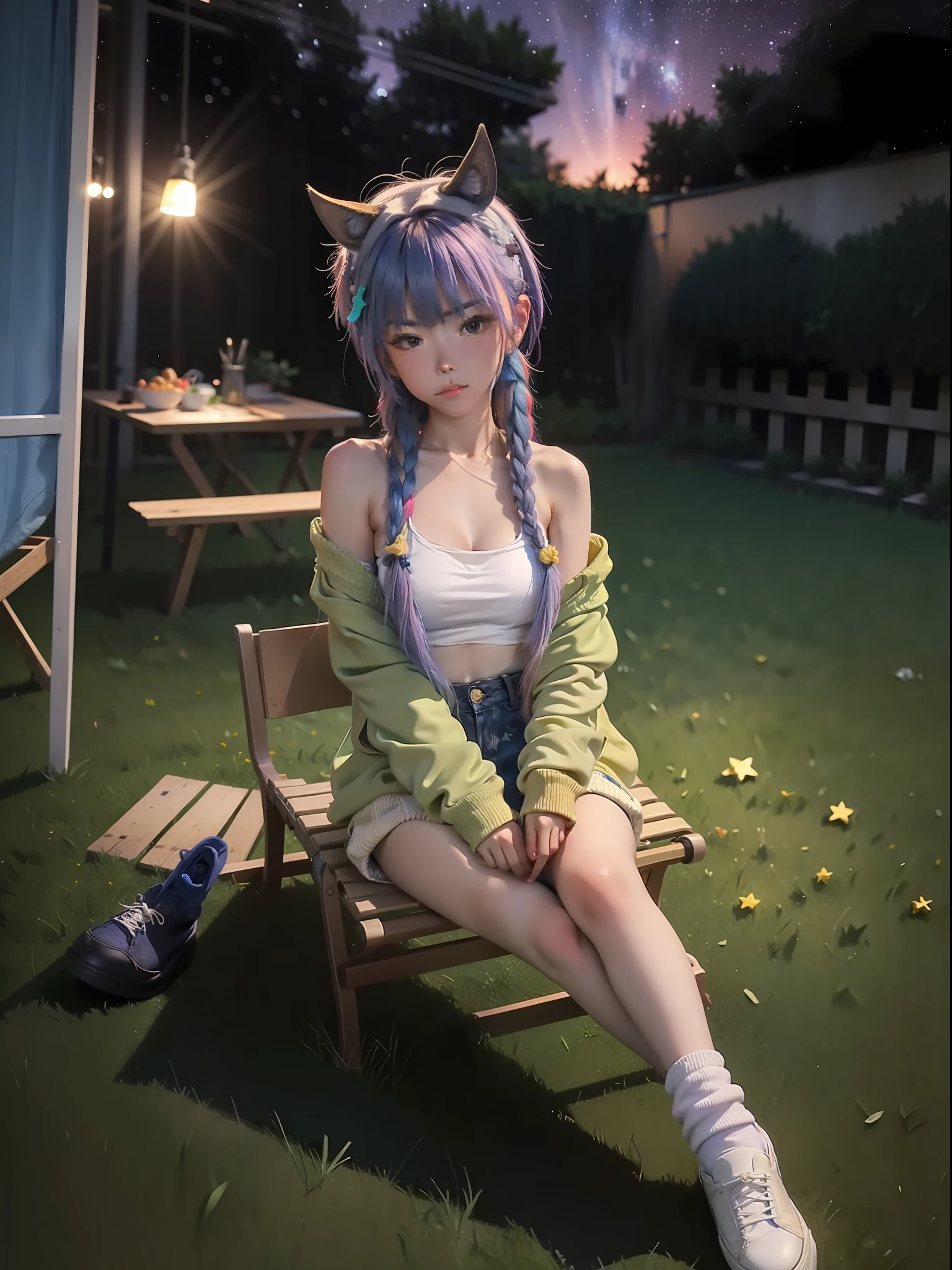 the night，The sky is blue，There are a lot of stars，and meteors，A cute girl，19years old，dual horsetail，Multi-colored hair，Wear loose clothing to expose your tits，Wear white socks，canvas shoe，Sit on grass