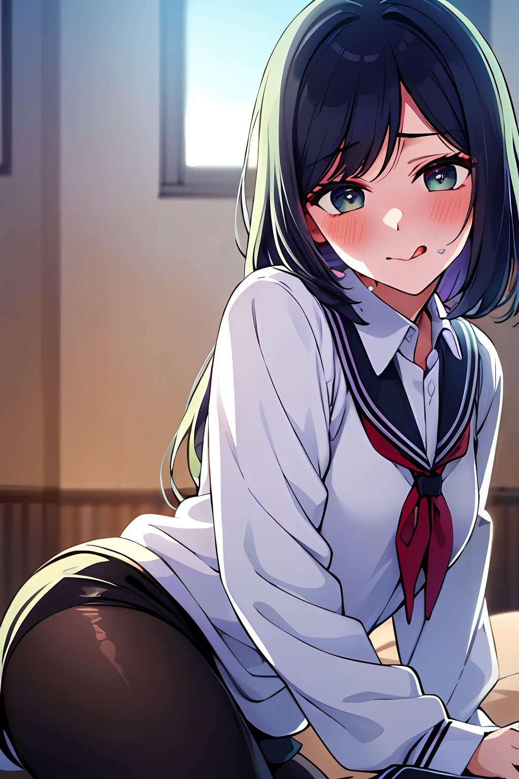 tmasterpiece, high high quality, 8K, beautiful light up, 1girll, 独奏, akane,JK school uniform, sitted, Bedrooms,heart - shaped pupils,full face blush,steamy,sweat leggs,Love to fight,and the tongue sticks out,embarressed,Behold the,wetclothes,tmasterpiece,Best quality at best,