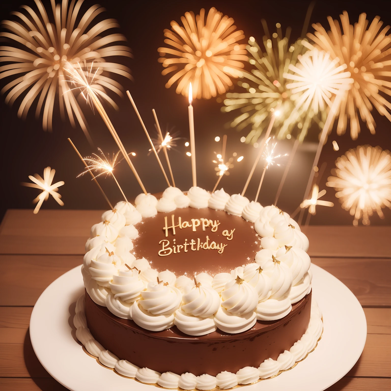 masterpiece, top-quality, hight resolution,birthday cake,Whole cakes,White whipped cream,celebration,「Happy Birthday」characters,Chocolate letters,Fireworks are pierced,Fireworks are gold spark fireworks in the shape of a stick,There are 4 candles pierced,
