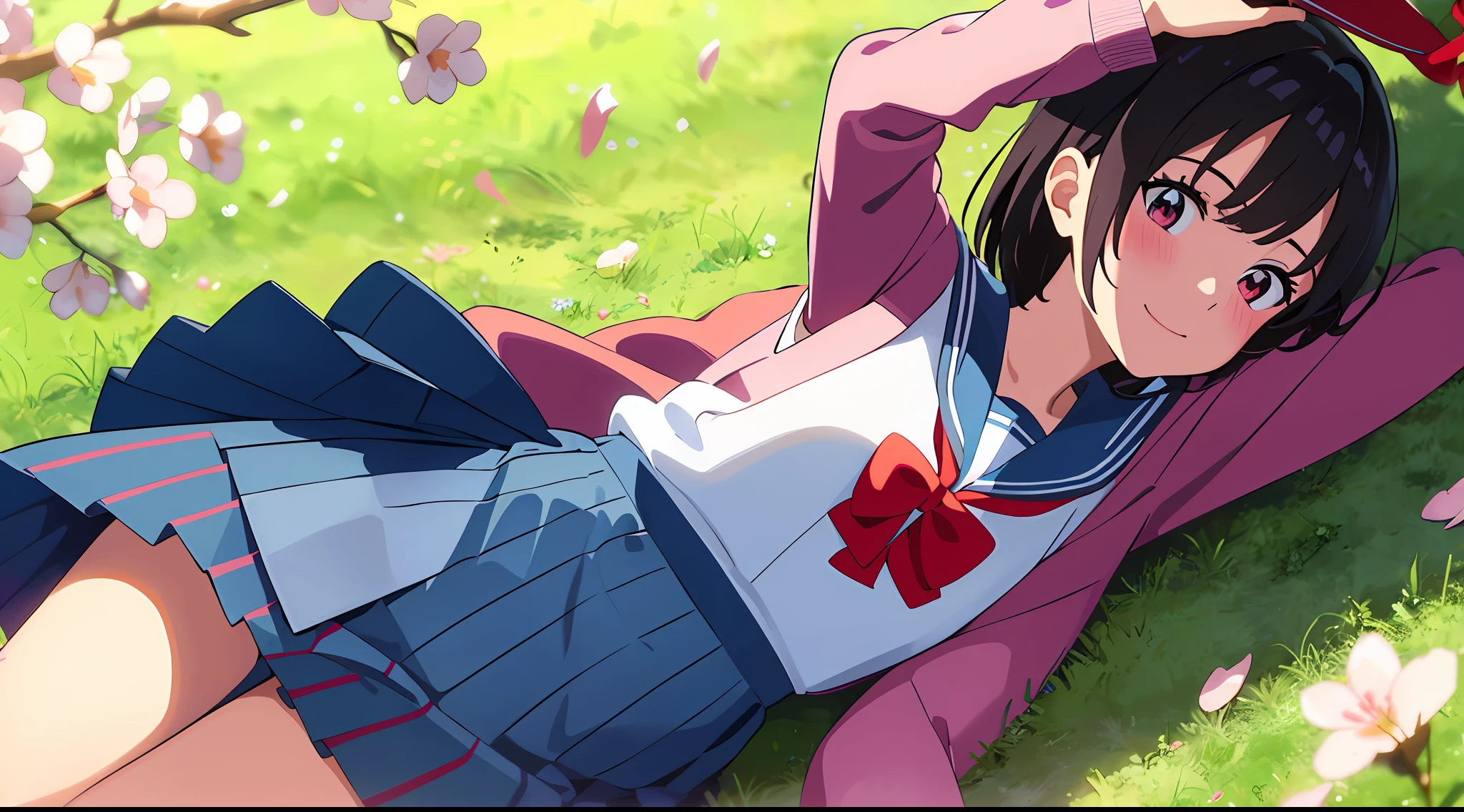 (Best Quality), 8K, (masterpiece:1.5), (Super Detail: 1.2), colorful, beautiful, (finely detailed beautiful eyes: 1.2), shinkai makoto, kimi no na wa., 1girl, bangs, black hair, blush, brown eyes, sailor collar, blue sailor collar, sailor color, white sailor color, serafuku, looking at the viewer, cowboy shot, red bow, red headband, red ribbon, school uniform, short hair, full body, medium breasts, smile, cute, solo focus, shirt, long sleeves, happy, open mouth, blue skirt, pink cardigan, open clothes, anime coloring, brown footwear, arms up, lying, lying on grass, grass, cherry blossom