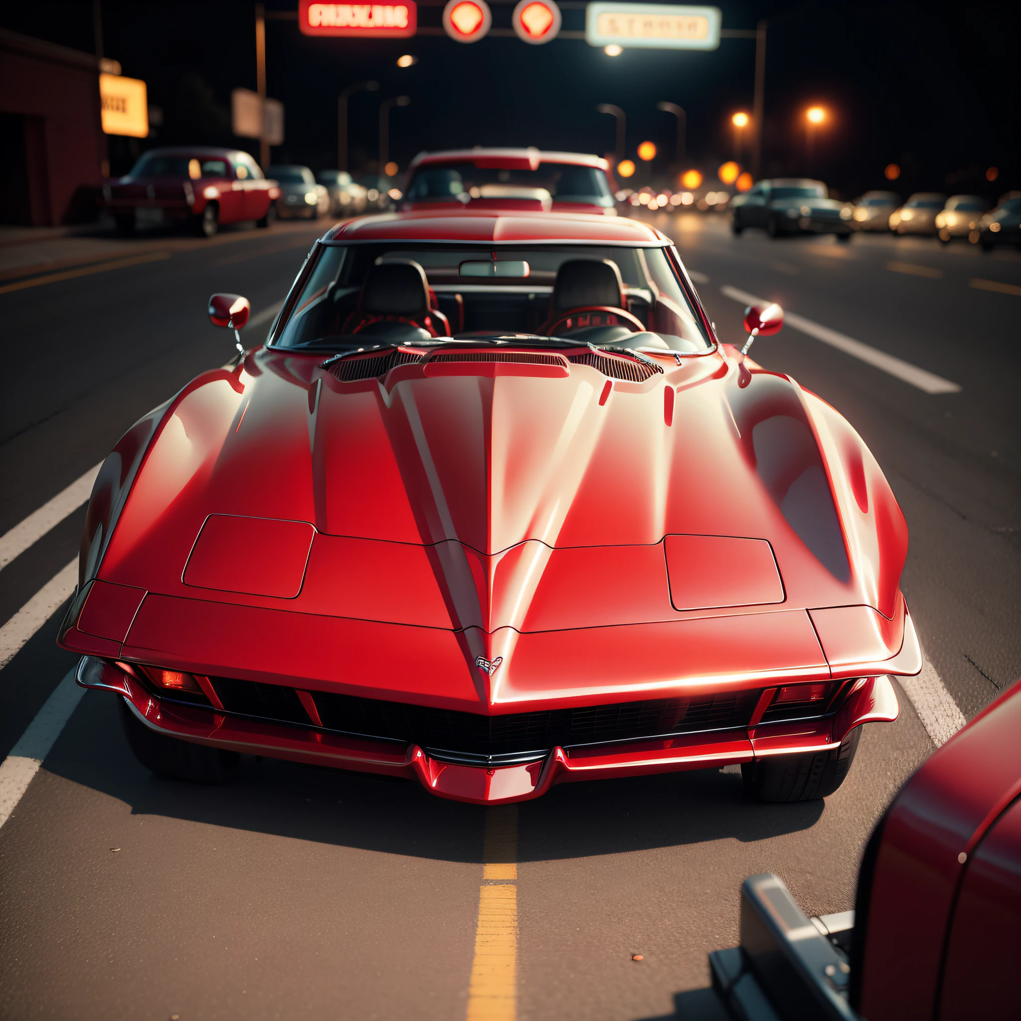 analog photo of a deep red 1968 Chevrolet Corvette C3 Stingray. The photo is taken from the center front of the car at night. Lights on. with a old pentax and a pro 50 mm lens, sharp focus, low contrast