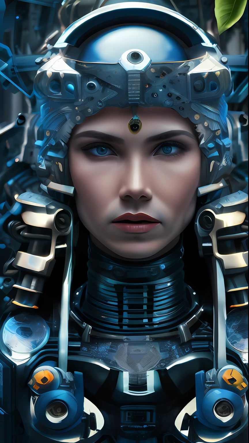 Retrato de uma robo cibernetico e futurista azul do guerreiro no fundo preto, in the style of mechanical designs, 8k 3D, Victor Nizovtsev, Celestialpunk, UE5, jungle core, Photo-realistic techniques
