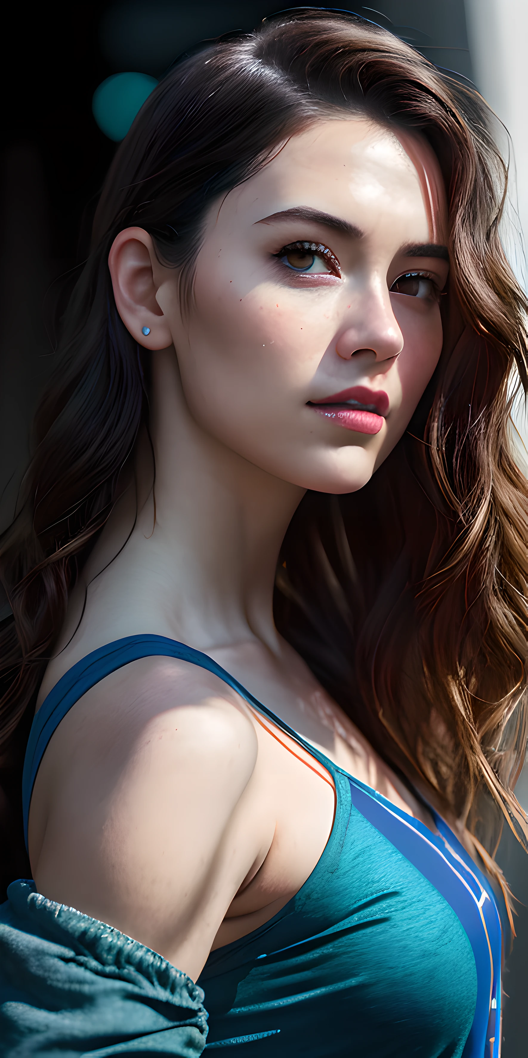 Full face portrait photo of 25 year old European girl, RAW, beautiful woman, semi-open strawberry lip, dimples, wistful expression, (brown hair with extra long wavy), ((detailed face)), ((detailed facial features)), (fine detailed skin), pale skin, cyberpunk megacity environment, (cool color), moist, damp, reflection, (masterpieceShot with Canon EOS R5 (detail) (Realistic photos) (Detailed details) 50mm lens, f/2.8, HDR, (8k) (wallpaper) (cinematic lighting) (dramatic lighting) (sharp focus) (complex), RAW photography, RAW photography, gigachad photography, camera pose, black jeans, back arm, 8k uhd, dslr, high quality, Grain Film, Fujifilm XT3, Film Stock Photo 4 Kodak Portra 400 Camera F1.6 Lens Rich colors Ultra-realistic textures Dramatic lighting Unreal Engine Art Station Trends Cinestill 800 Tungsten, Toughboy Style, Ultra Focus Face, Intimidating, Fighting Position, Short Messy Hair, Muscles, Bursting Veins, Beads, (( blue camisole crop top)),
