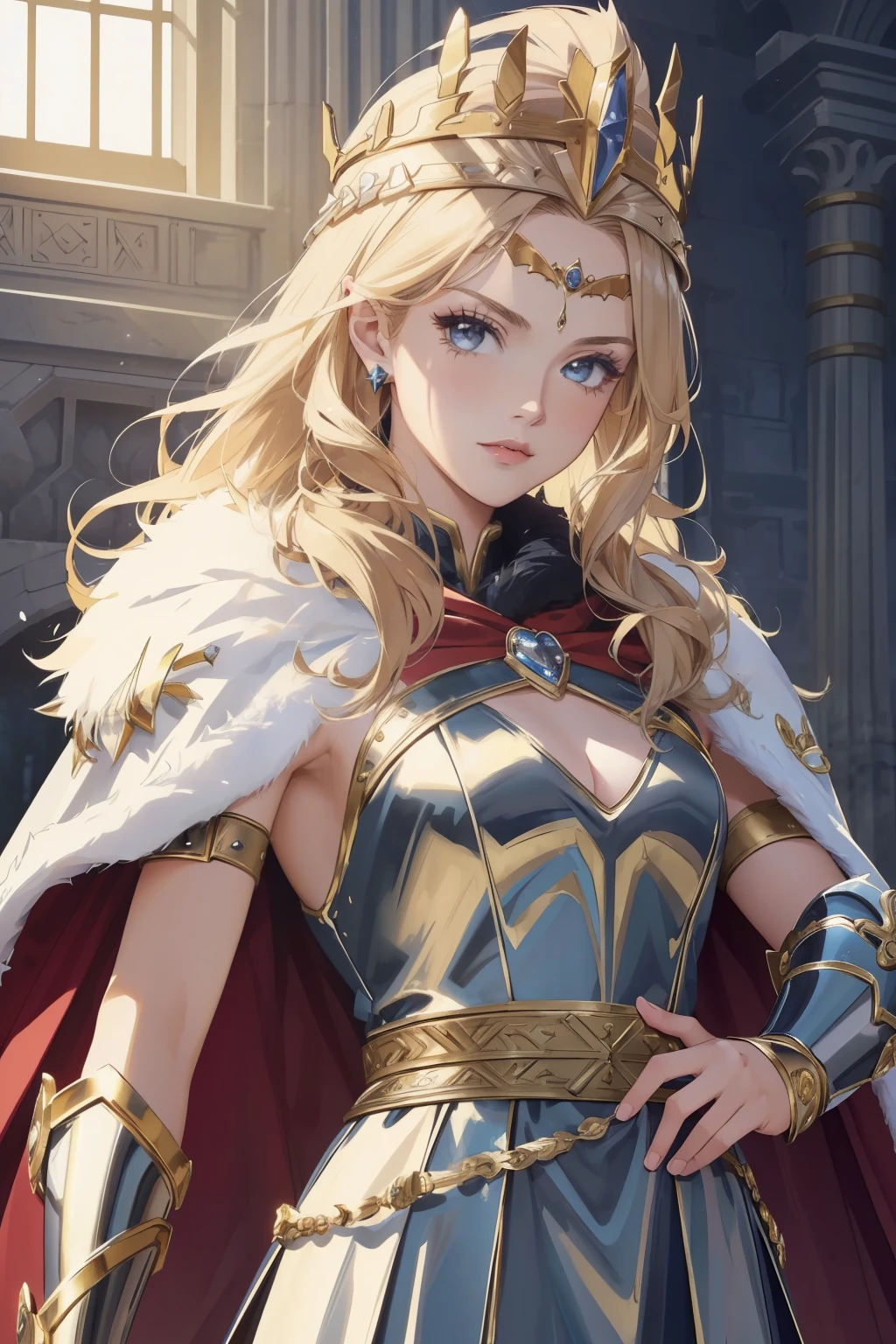 (masterpiece, top quality, best quality, official art, beautiful and aesthetic:1.2), (1girl), (warrior queen armor, fur-lined cape, jeweled crown:1.2),serious